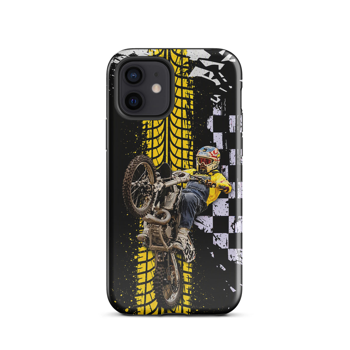 Phone Case for iPhone with Ronnie Mac air-wheelie design in yellow and black, featuring a motocross checkerboard and paint splatter pattern.