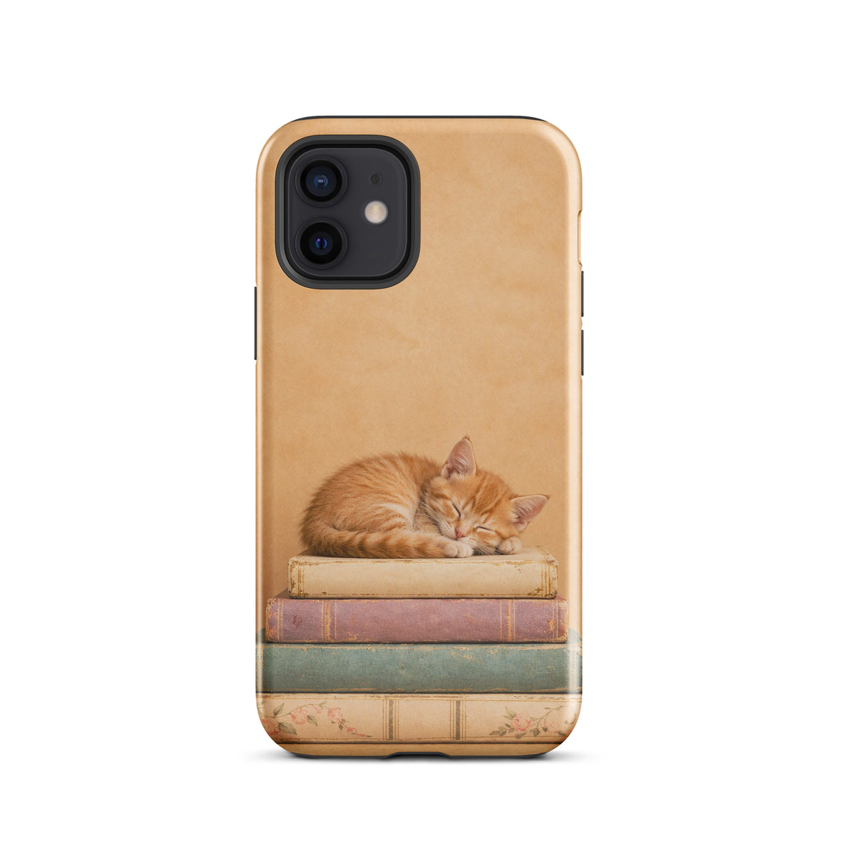 Phone Case featuring a sleeping orange kitten on vintage books, designed for iPhone with a cozy, warm, vintage aesthetic.