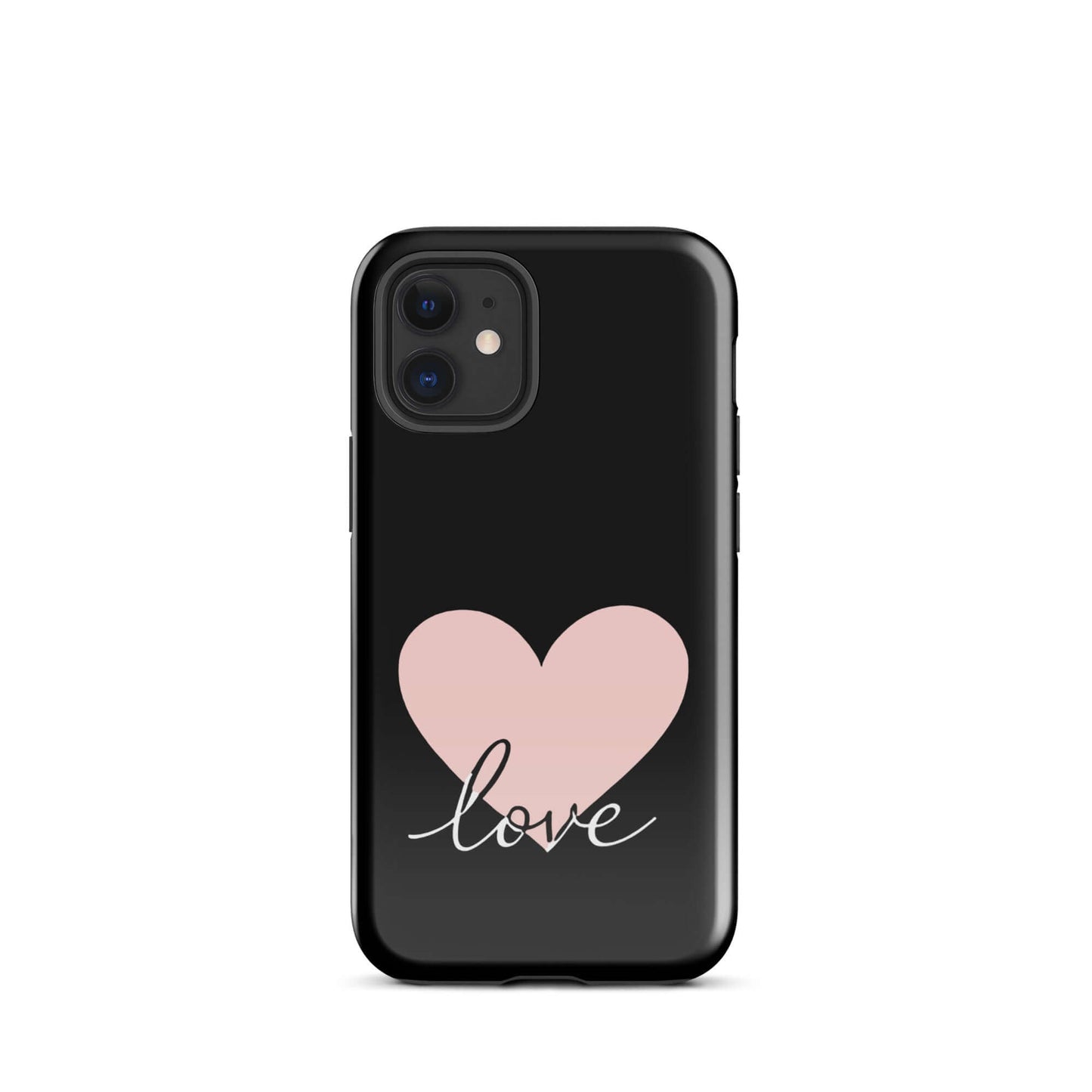 Phone Case for iPhone featuring a pink heart and script 'love' design on a sleek black background.