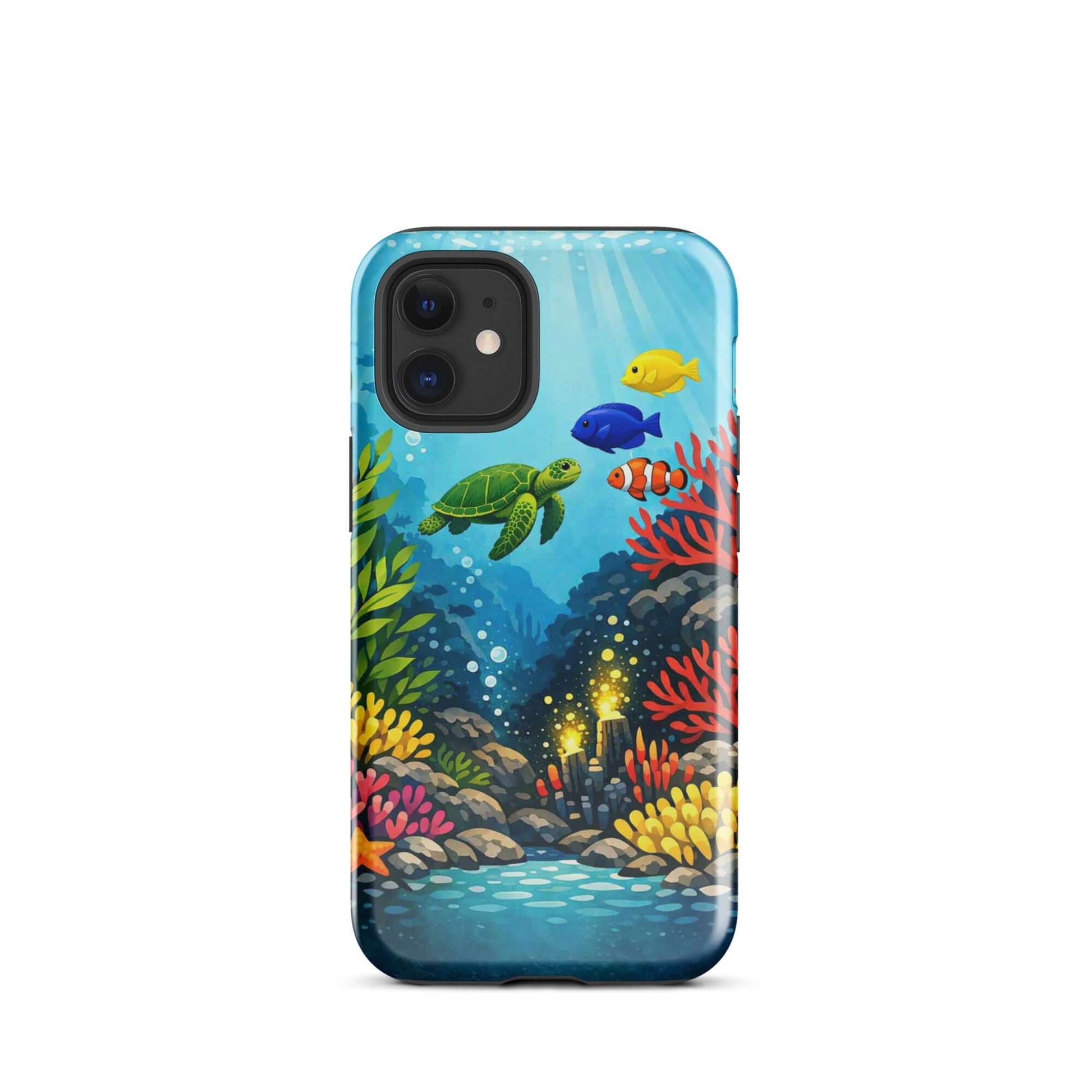 Phone case for iPhone featuring vibrant sea turtle and coral reef design with colorful marine life.