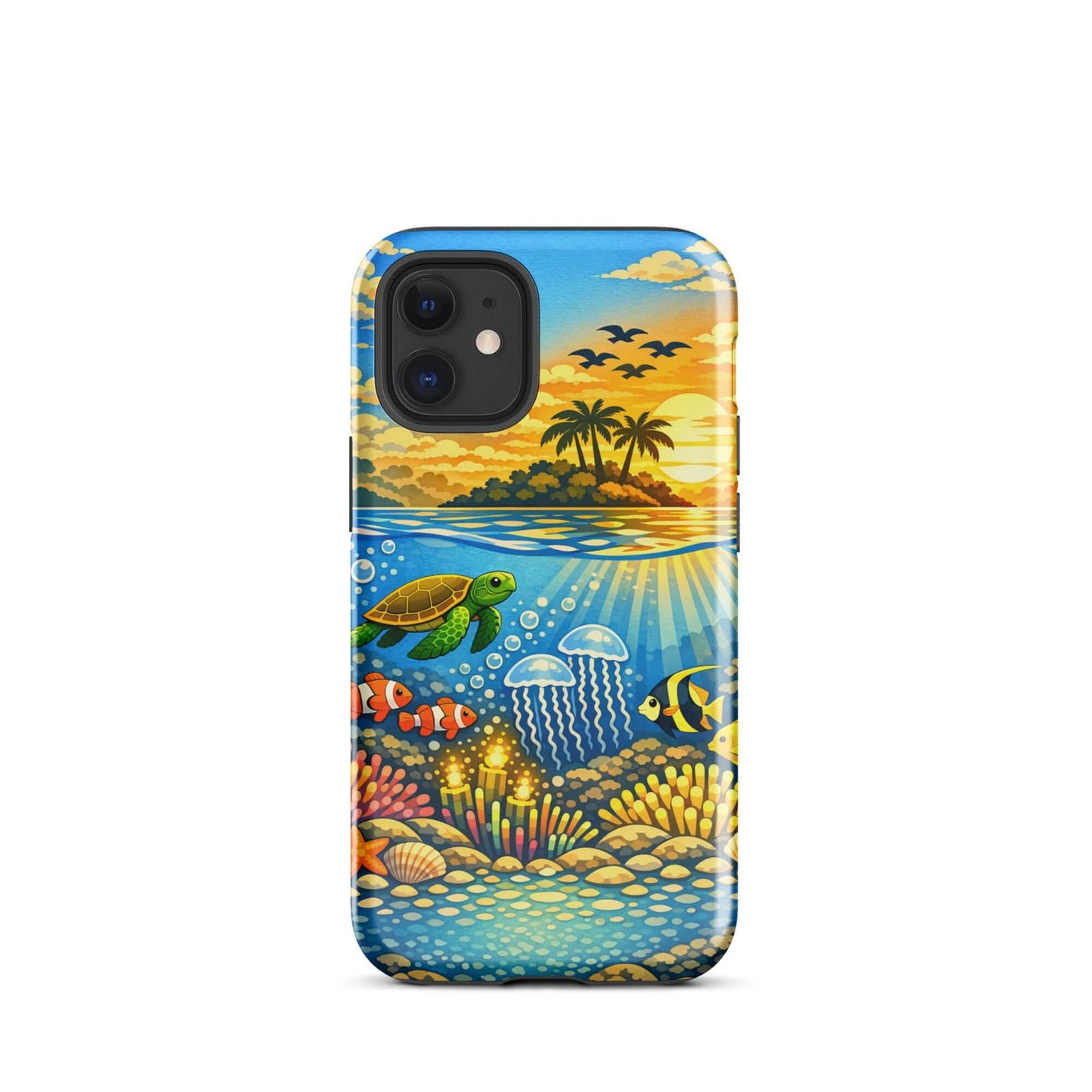 Vibrant Phone Case for iPhone featuring tropical sunset and colorful underwater reef with marine life.