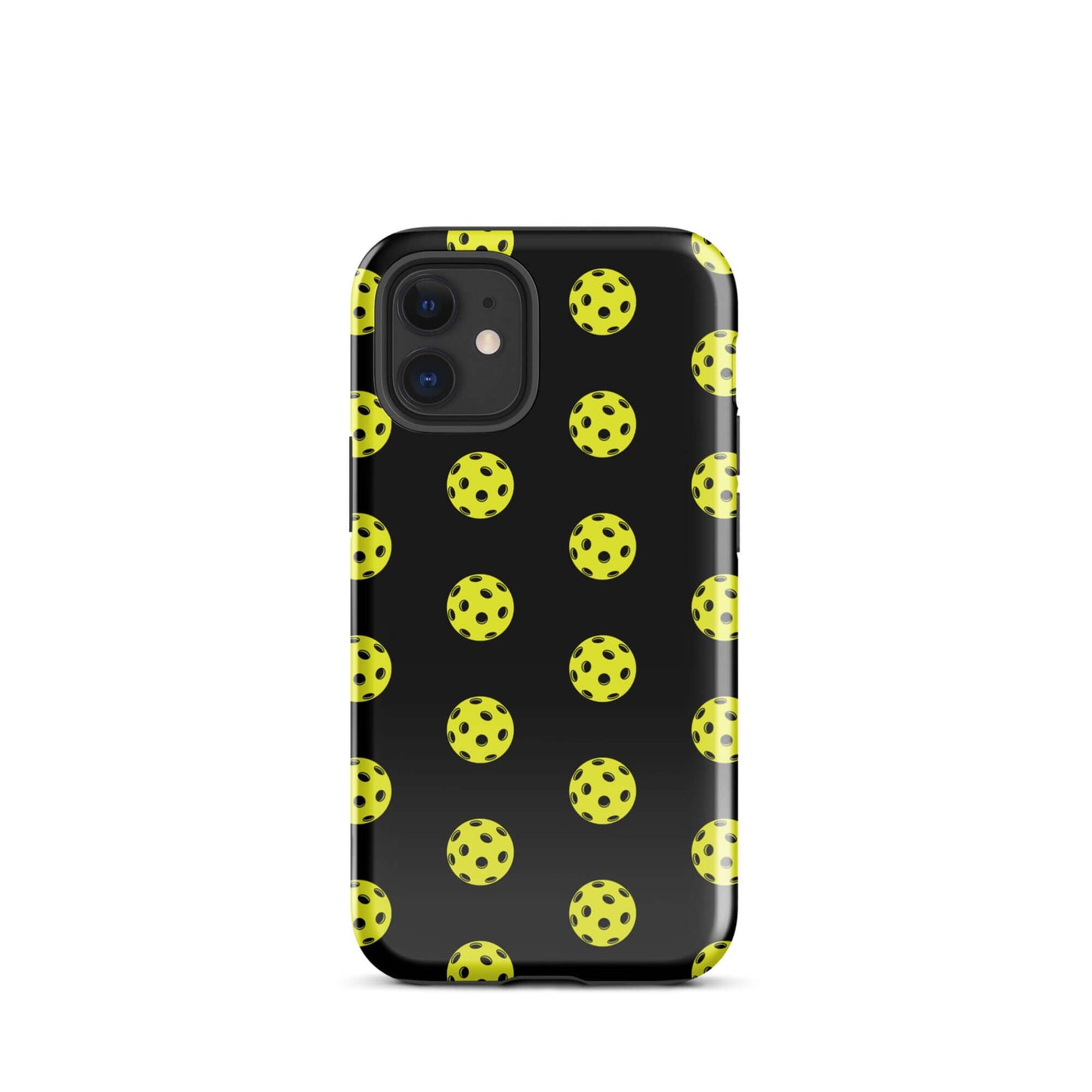 Phone Case featuring a playful pickleball pattern on a sleek black background, ideal for sporty style.