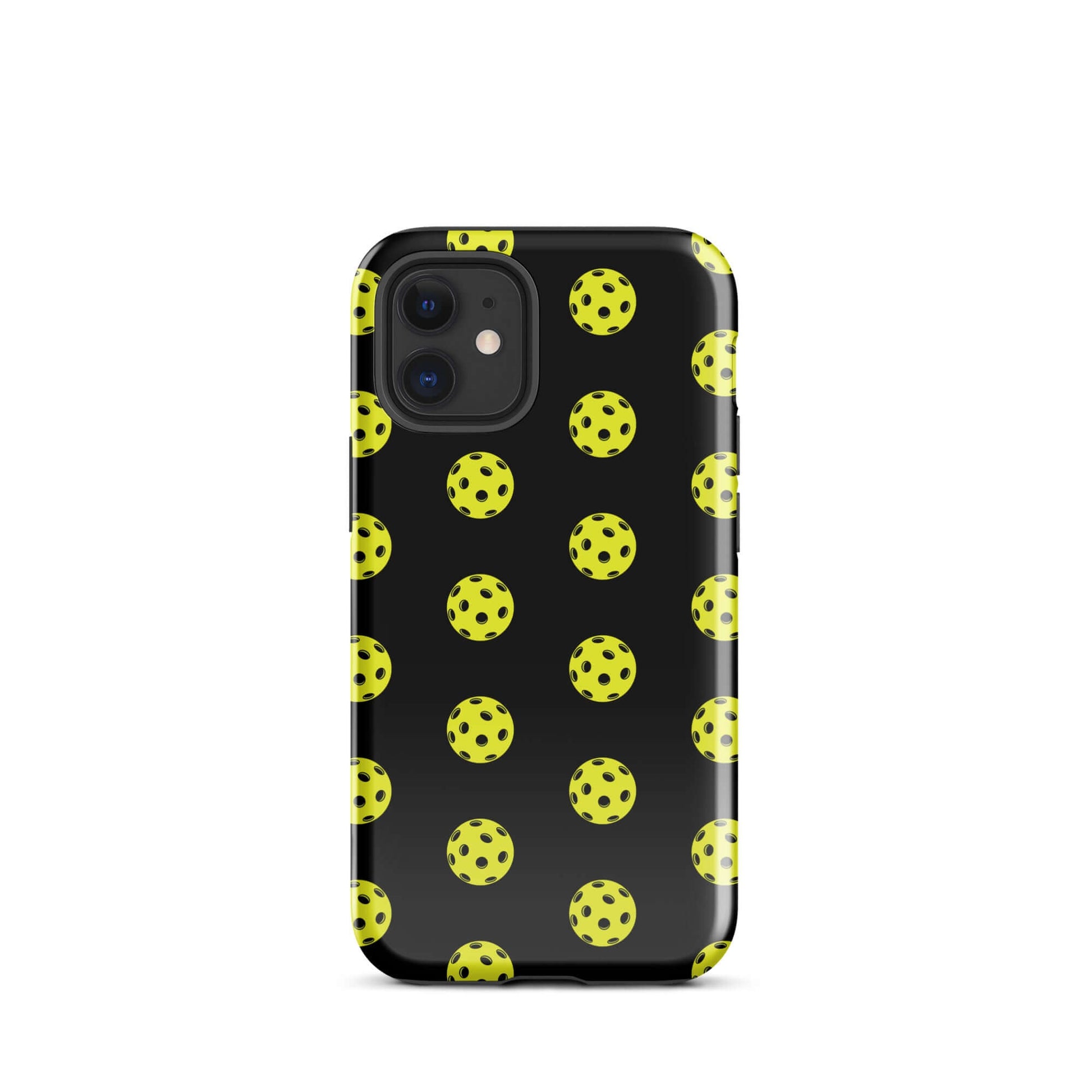 Phone Case featuring a playful pickleball pattern on a sleek black background, ideal for sporty style.
