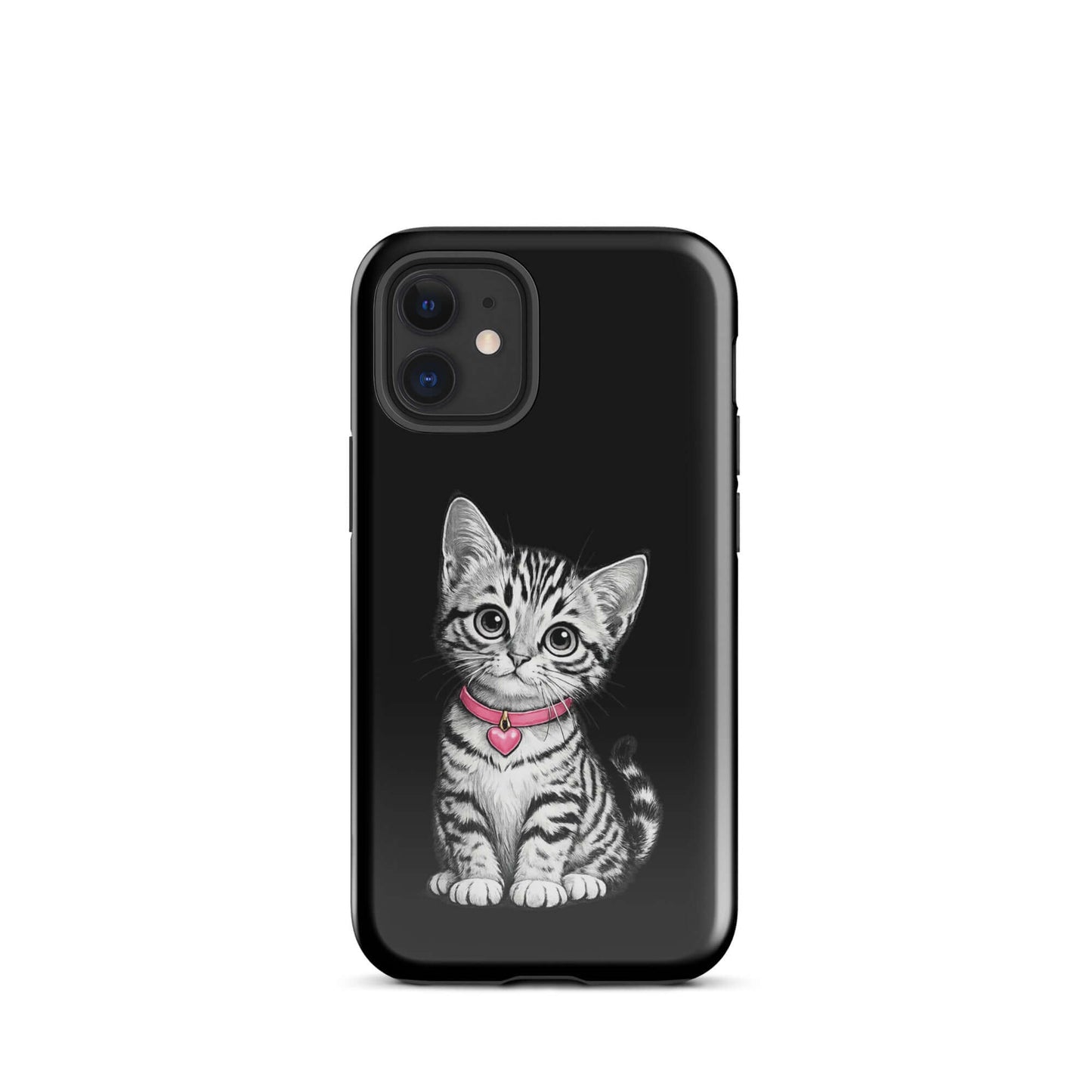 Phone Case featuring pencil sketch of kitten with pink heart charm on iPhone