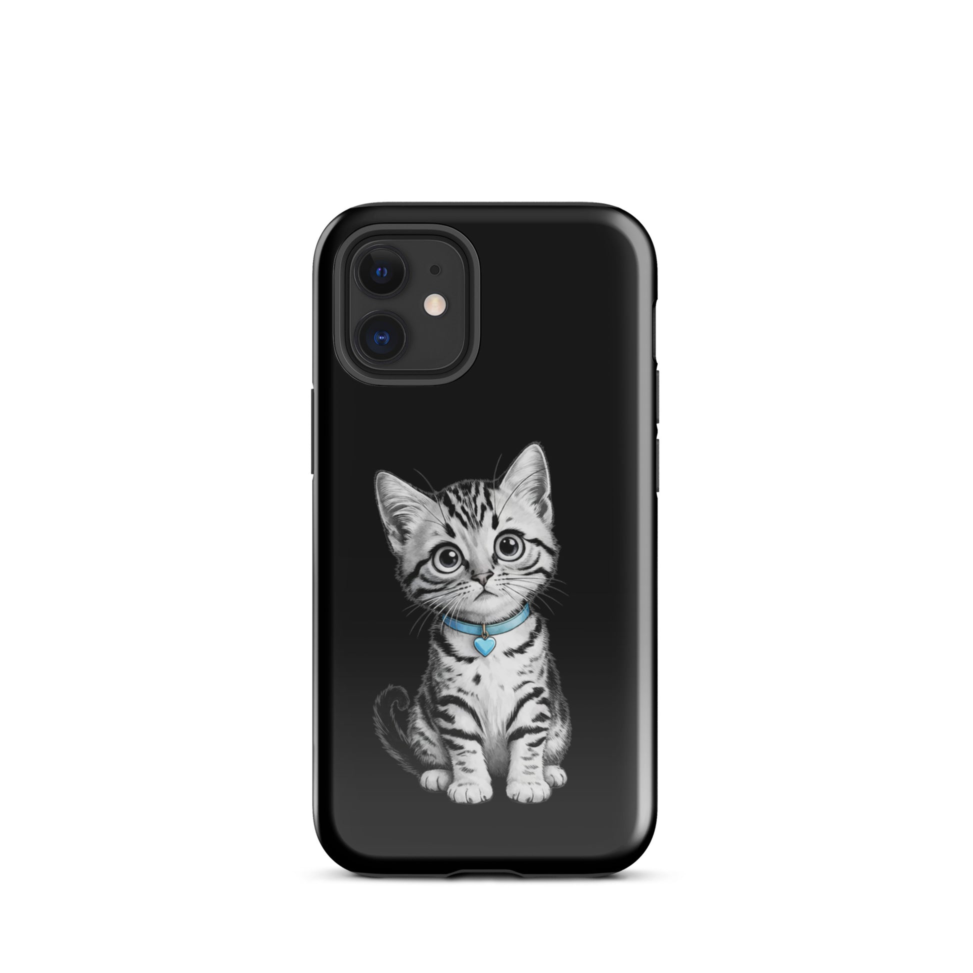 Phone Case featuring pencil-sketch kitten with blue heart charm collar on black background for iPhone.