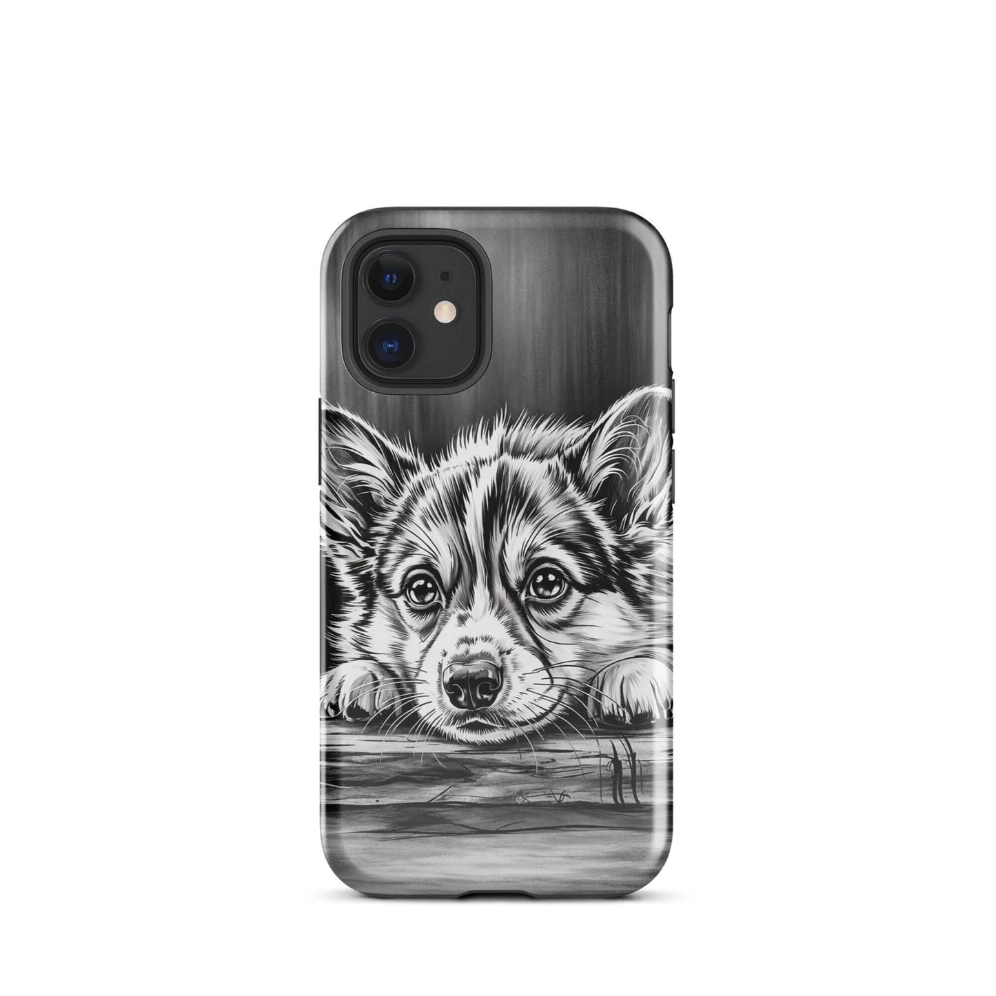 Phone Case with elegant puppy art design for iPhone, featuring black-and-white illustration of a puppy on aged wood background.