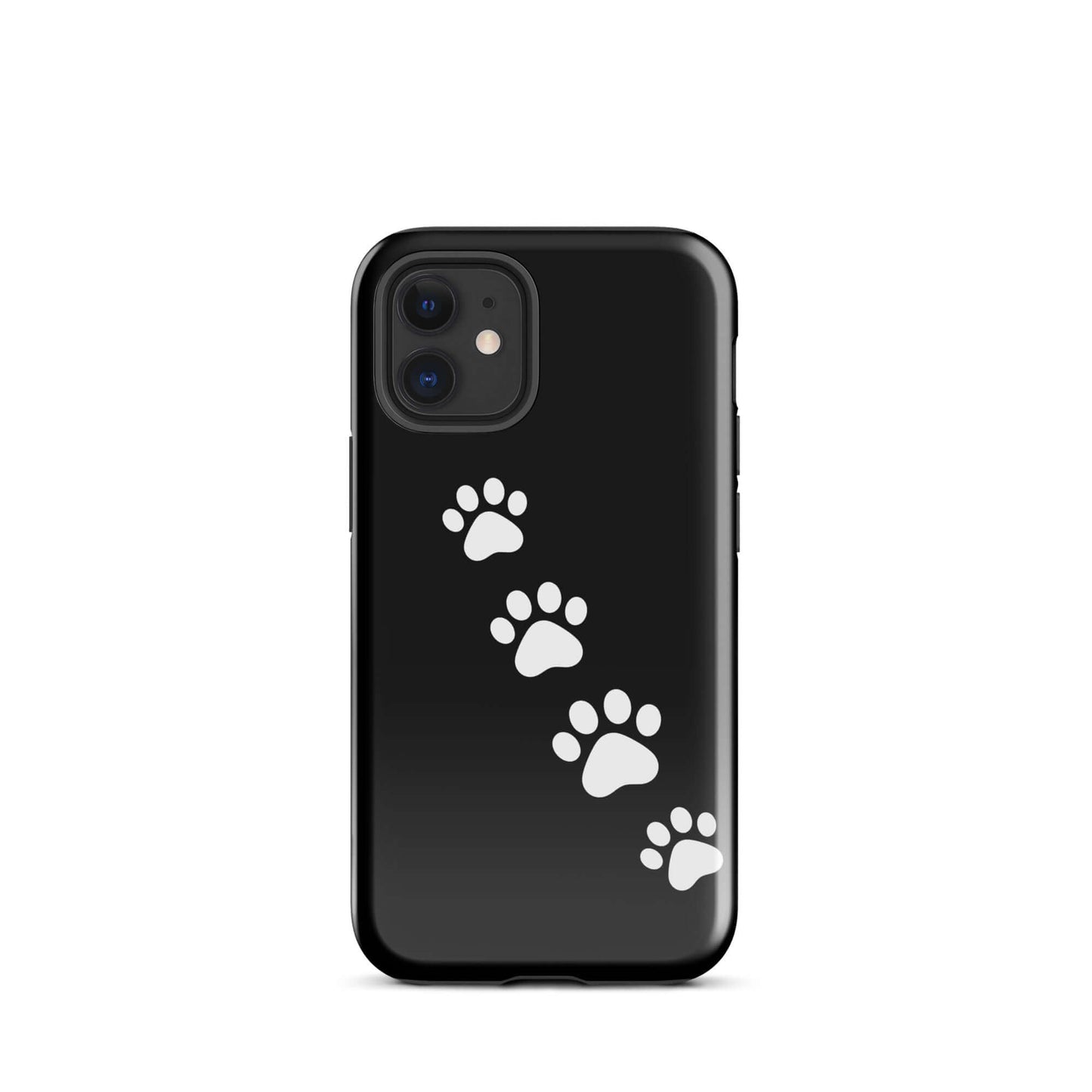 Phone case with paw-print trail design on black background for pet lovers