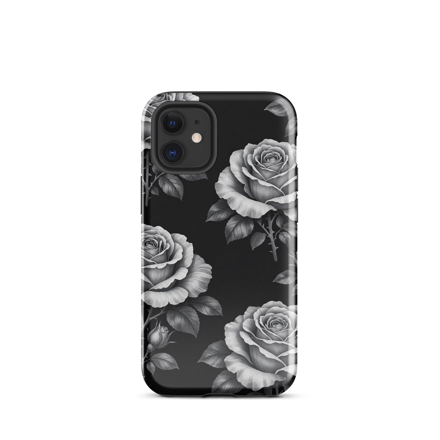 Phone Case with rose garden design for iPhone, featuring elegant black background and hand-sketched floral pattern.