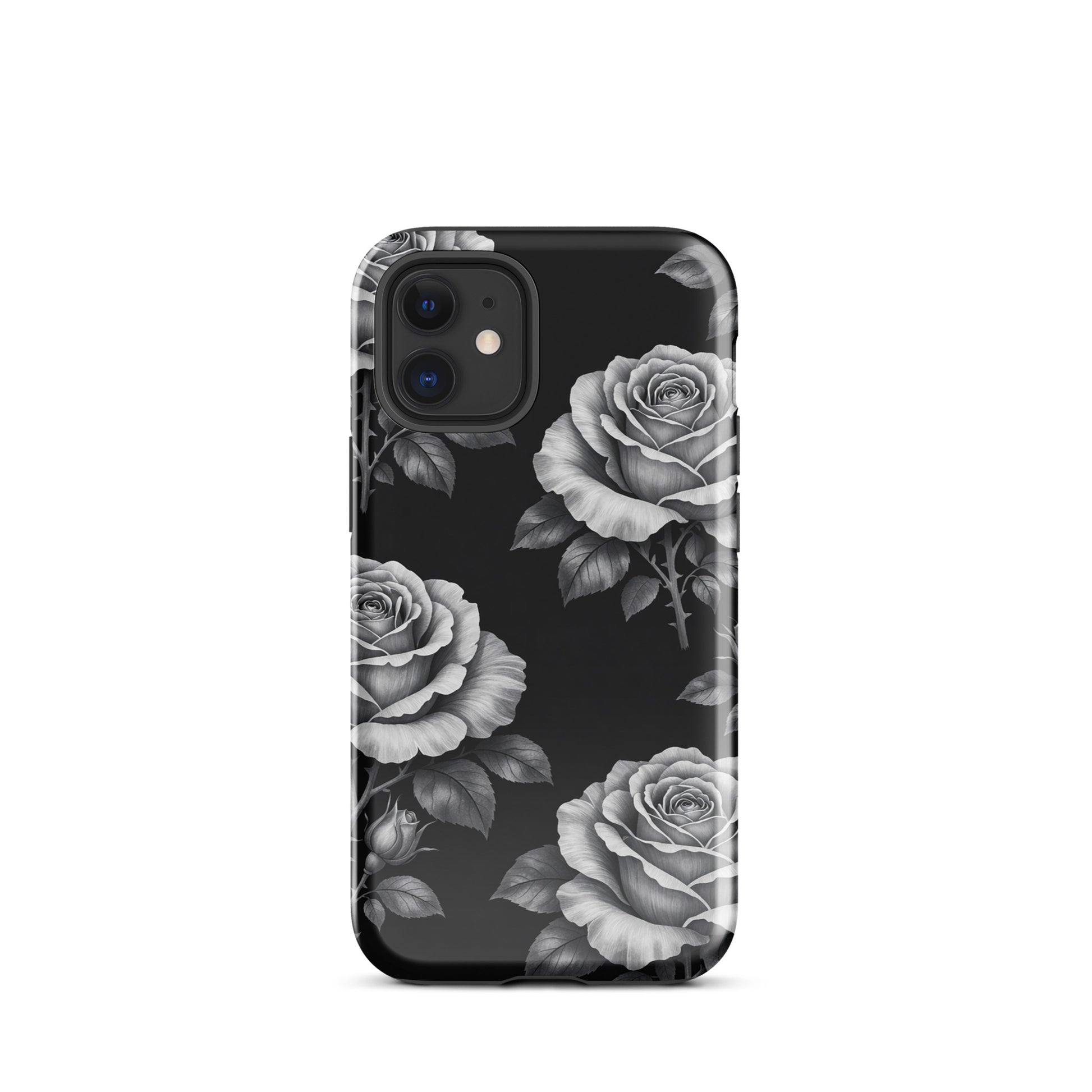 Phone Case with rose garden design for iPhone, featuring elegant black background and hand-sketched floral pattern.