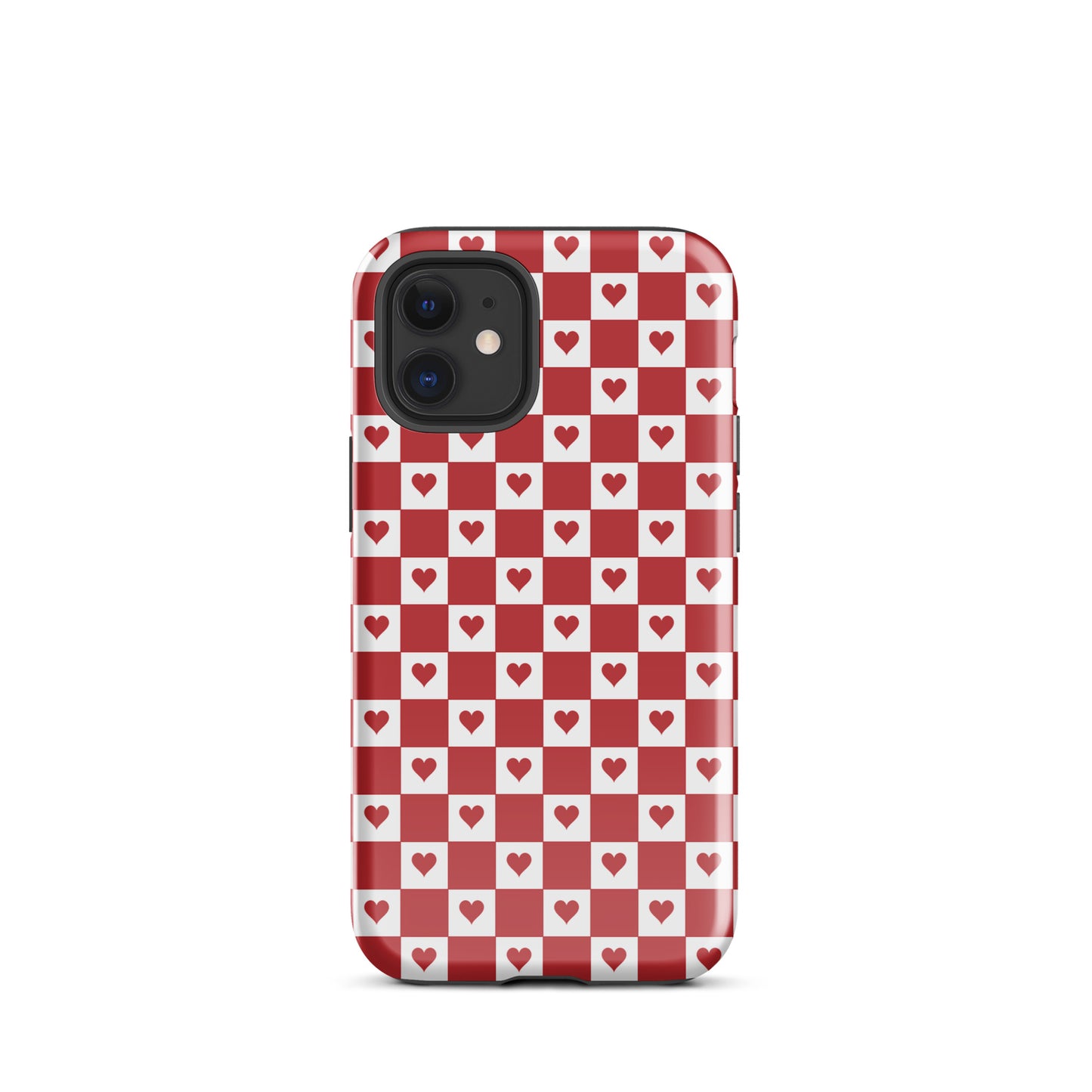 Phone Case for iPhone with cute red heart checkered design, featuring playful hearts on a red-and-white patterned cover.