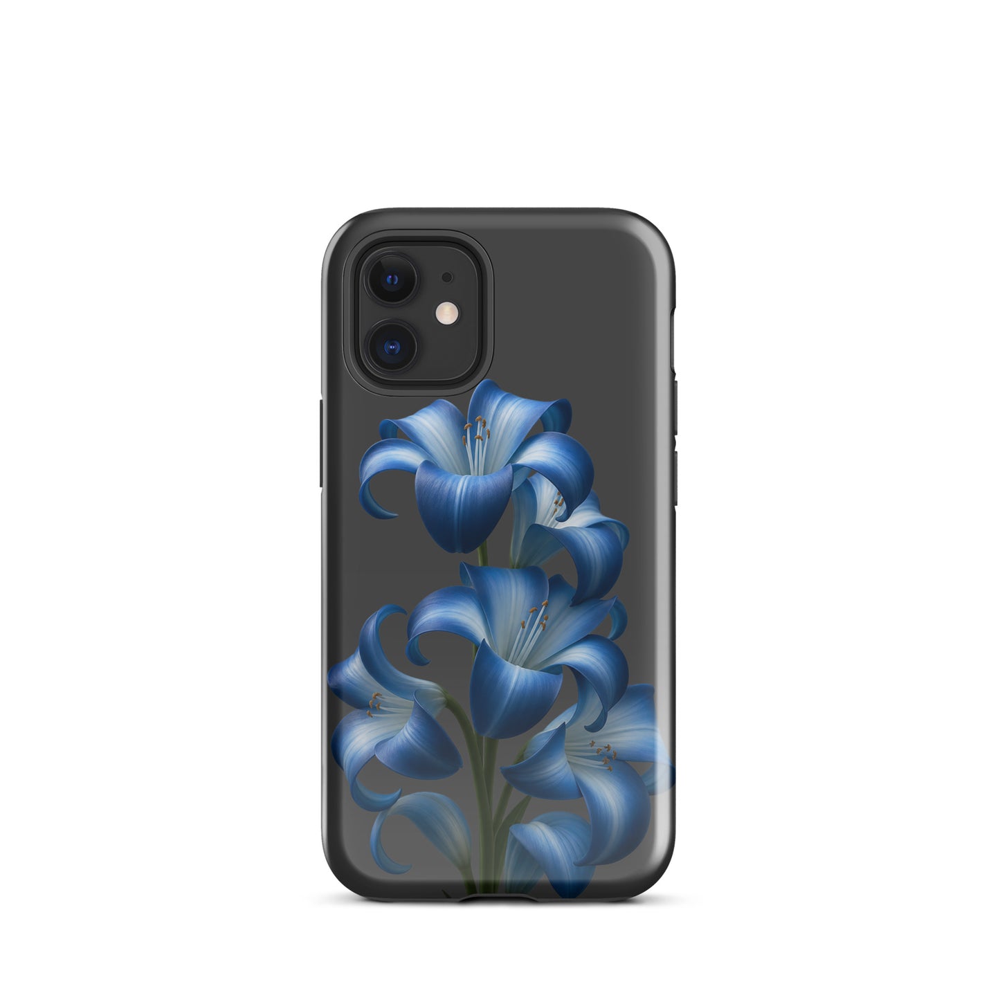 Phone Case with Blue Lily Bloom Art for iPhone, dual-layer protection, sleek black design with vibrant floral pattern.