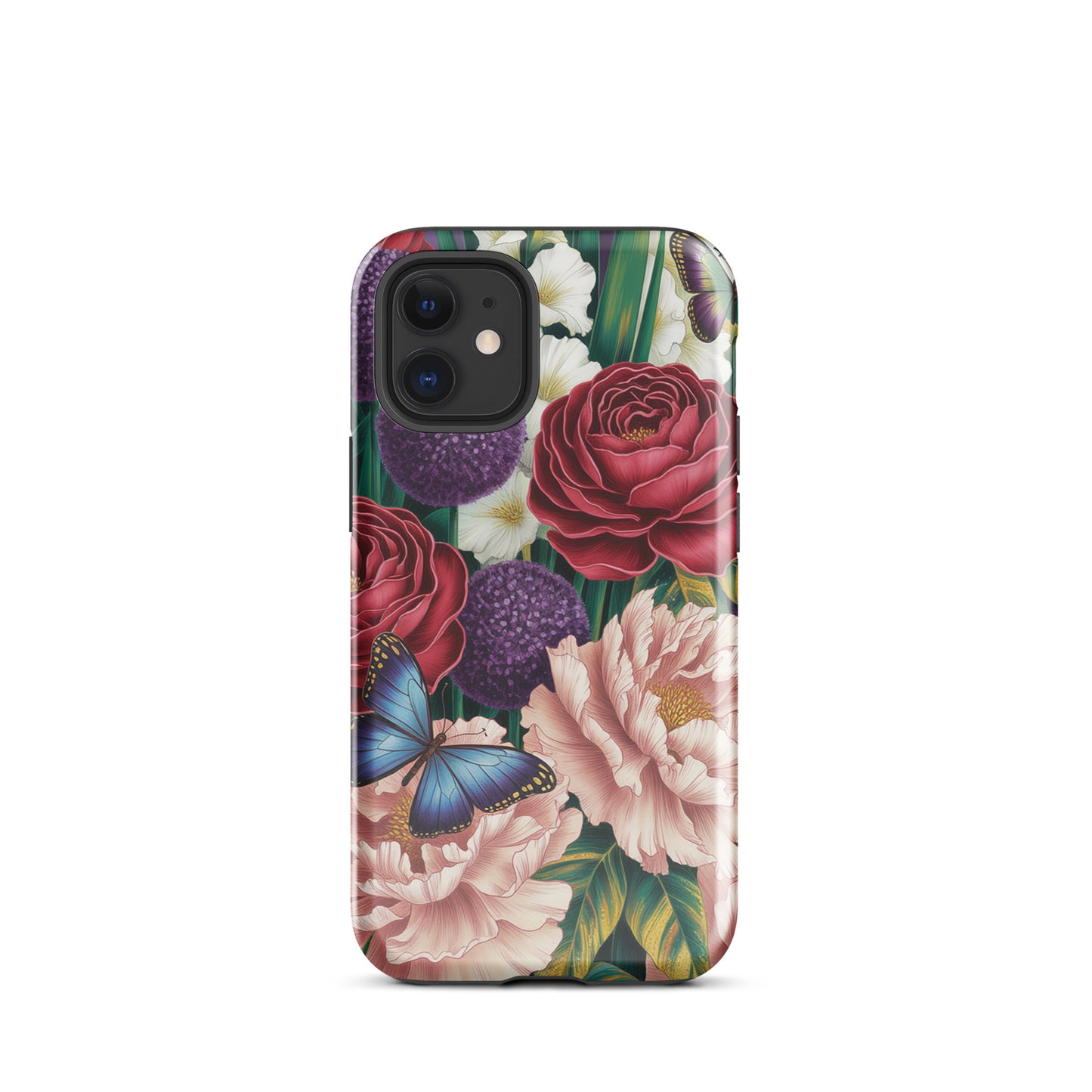Phone Case with floral design featuring crimson roses, pink peonies, purple alliums, and blue butterflies for iPhone.