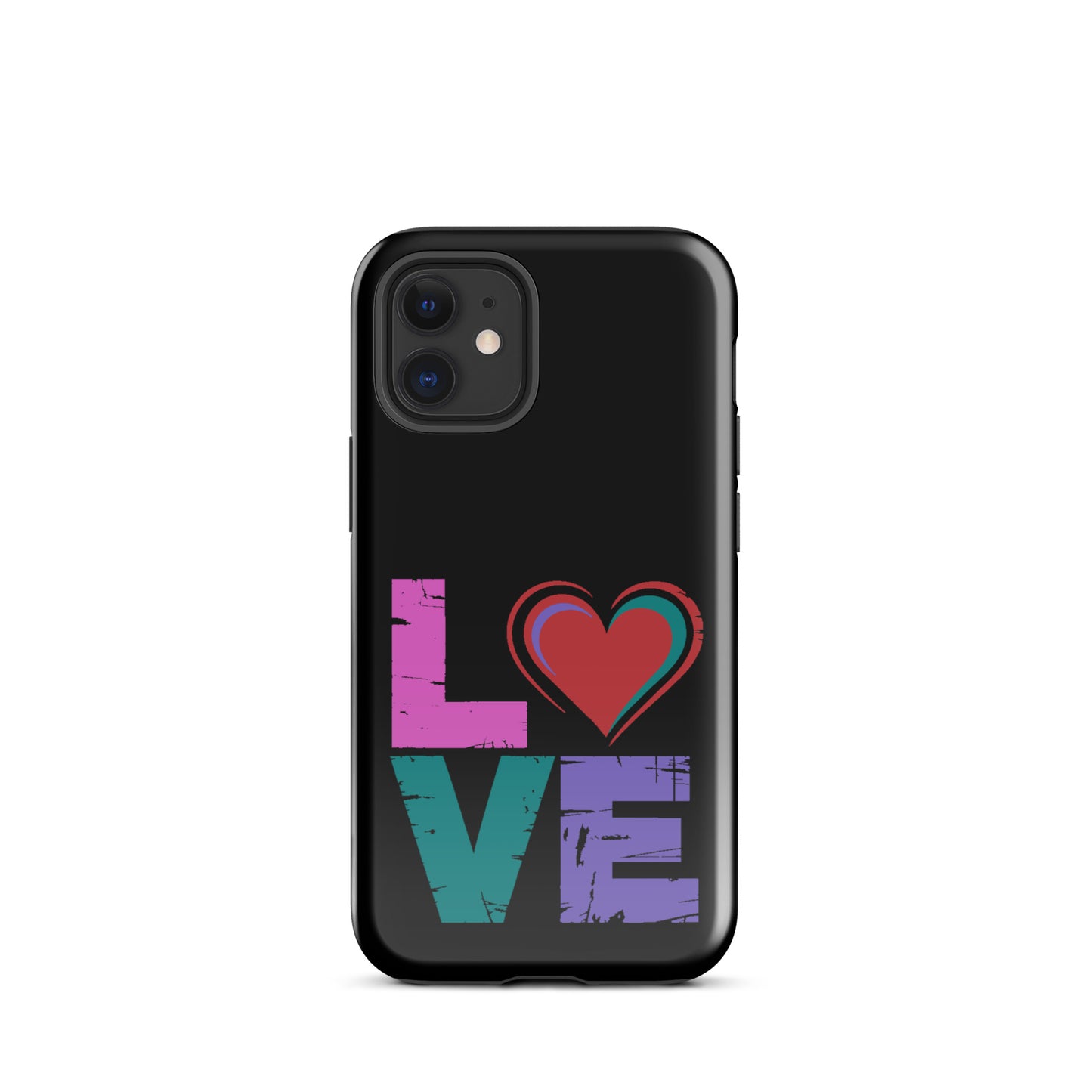 Love Dual Layer Tough Case for iPhones with love design featuring heart symbol on a black background.