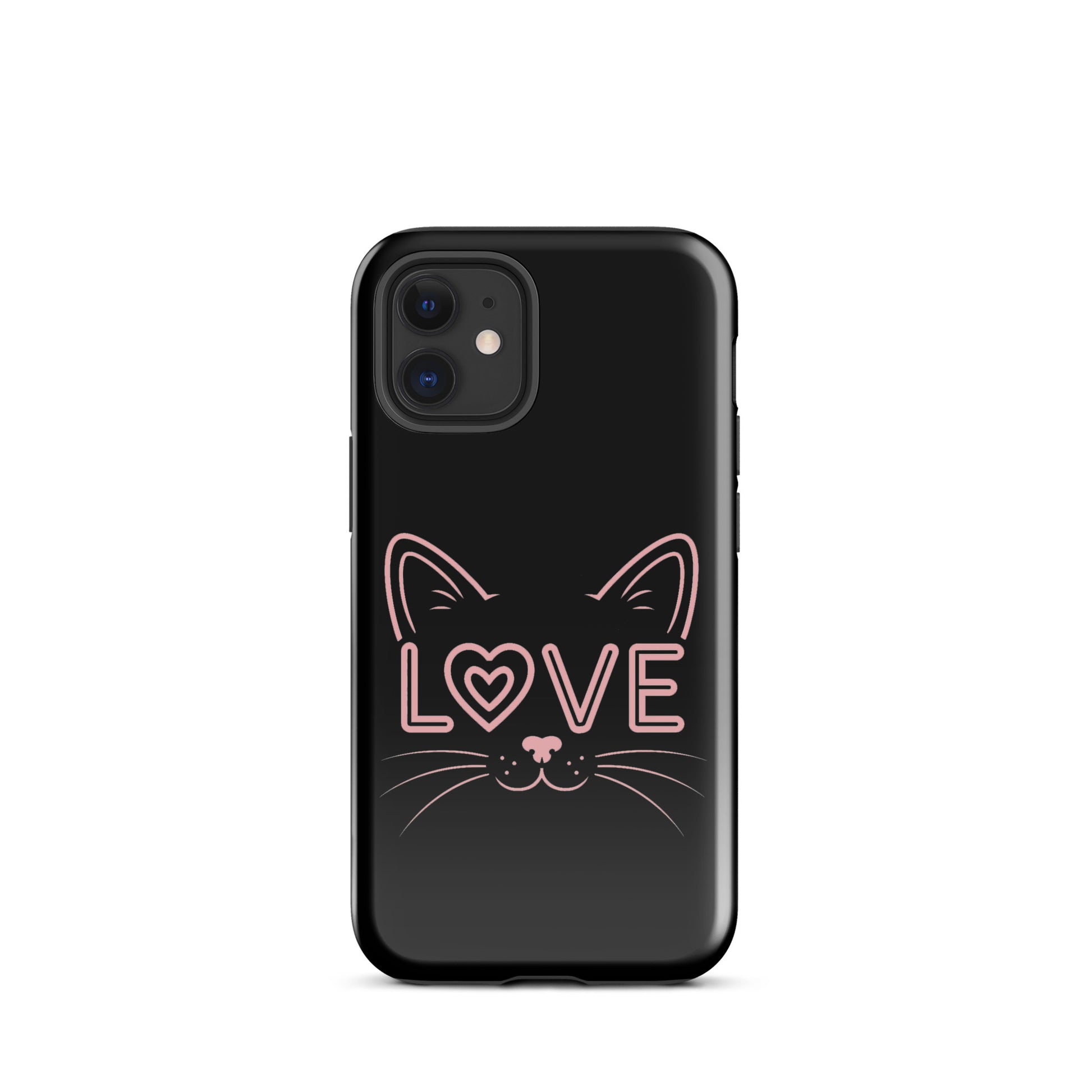 Cat Love phone case for iPhone with minimalist cat face design and love typography in pink.