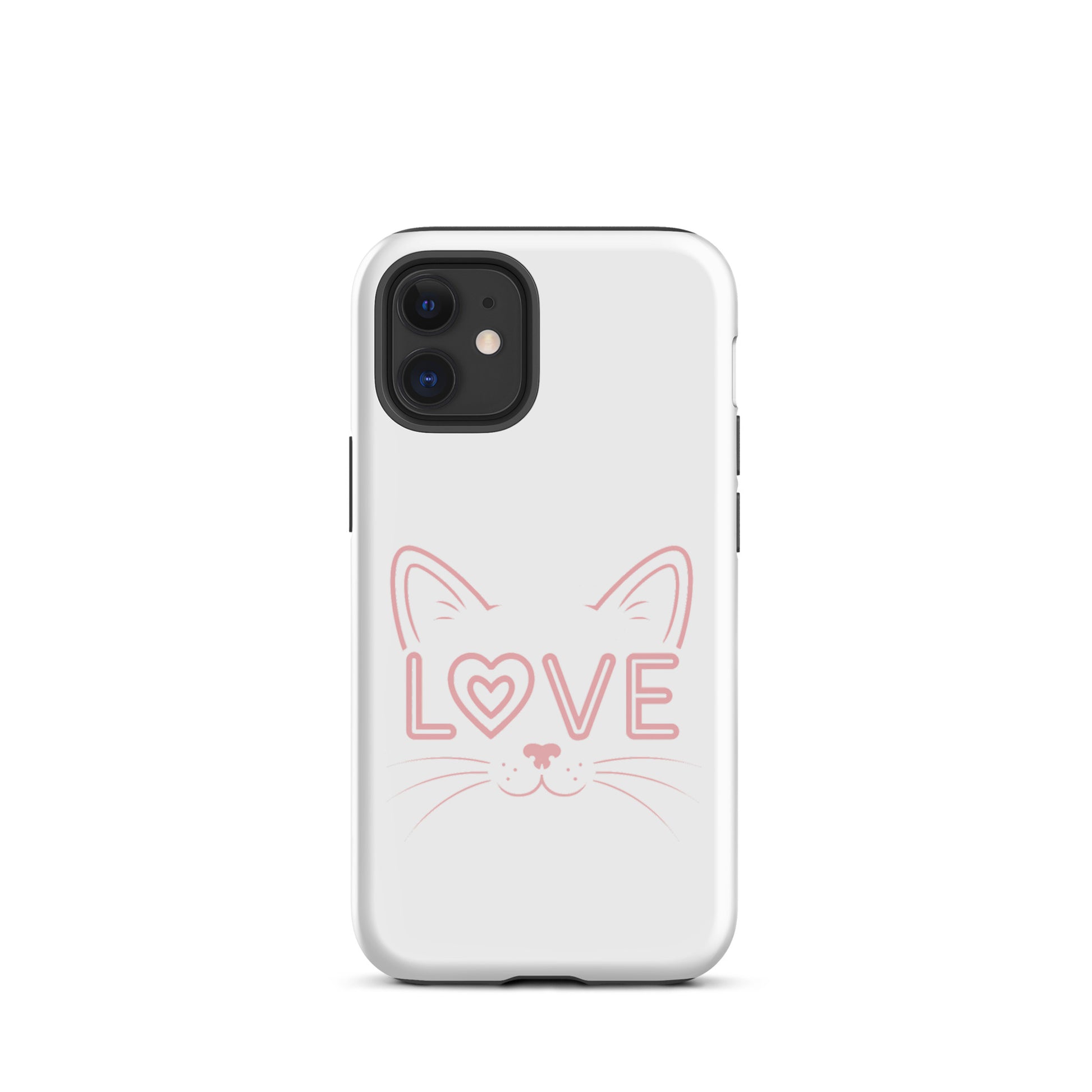 Cat Love iPhone case with minimalist cat face and love text design