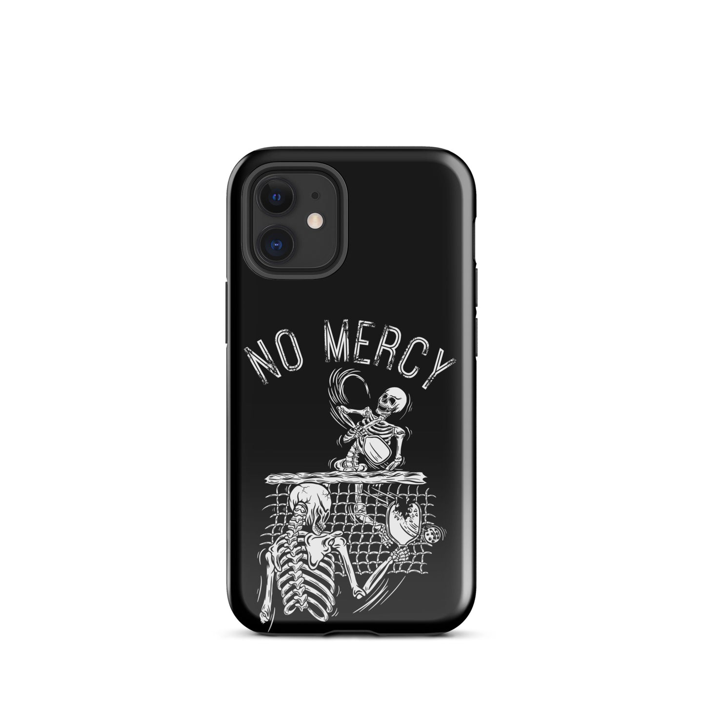 Black Pickleball iPhone case with 'No Mercy' skeleton design, offering stylish and durable protection for pickleball enthusiasts.