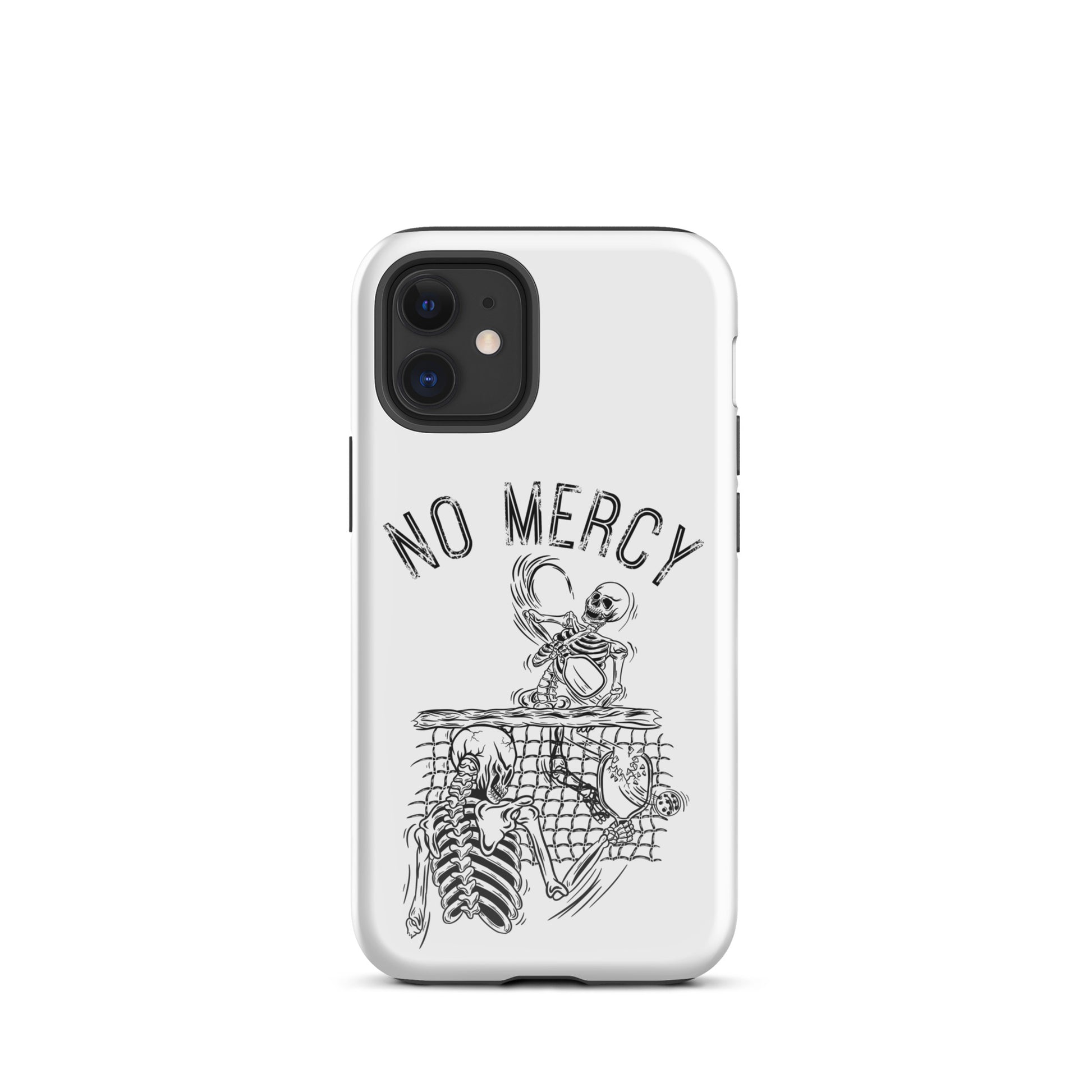 Pickleball iPhone case with 'No Mercy' design, showcasing an aggressive pickleball theme for intense players on the court.
