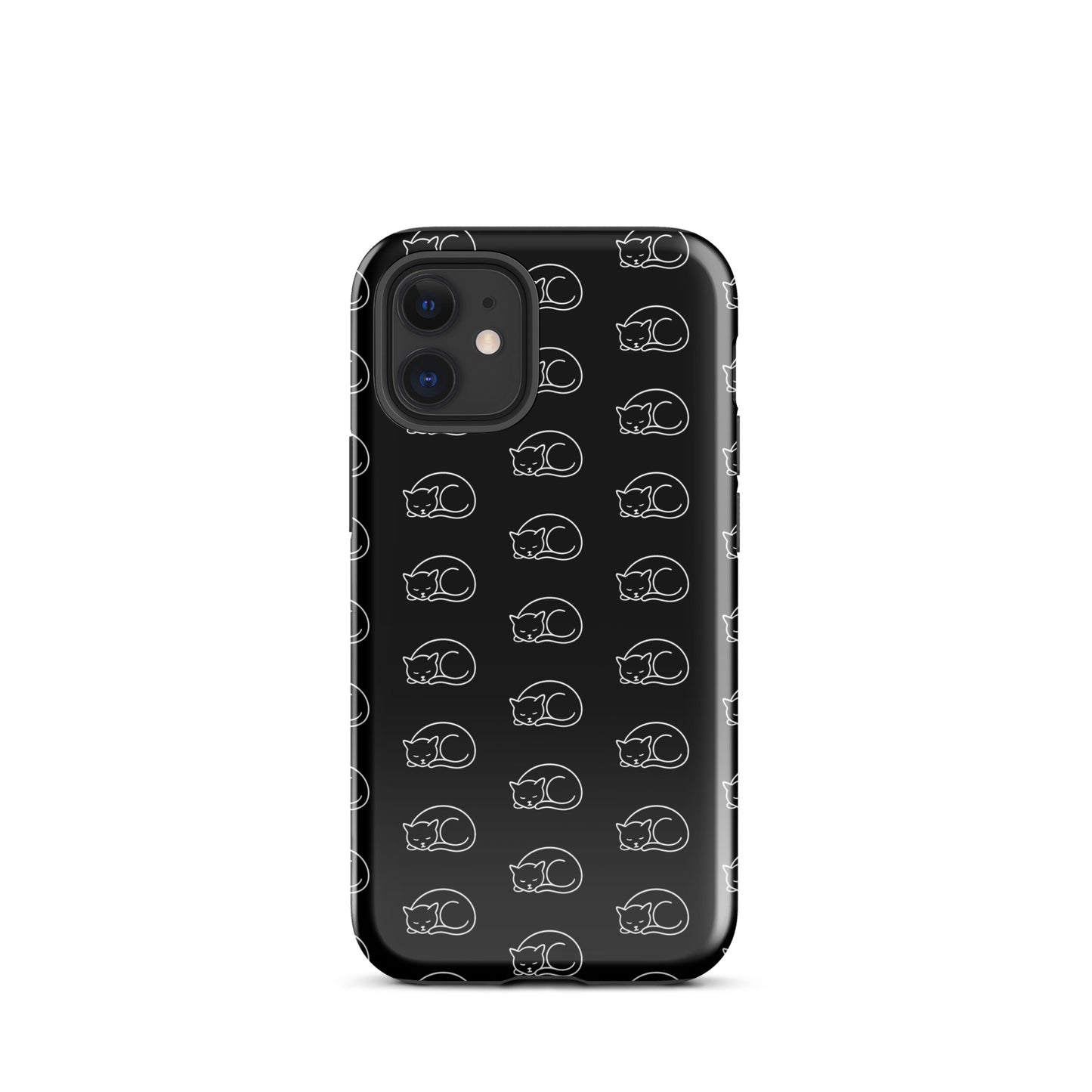 Phone case with curled-up cat pattern for iPhone, ideal for cat enthusiasts seeking stylish protection.