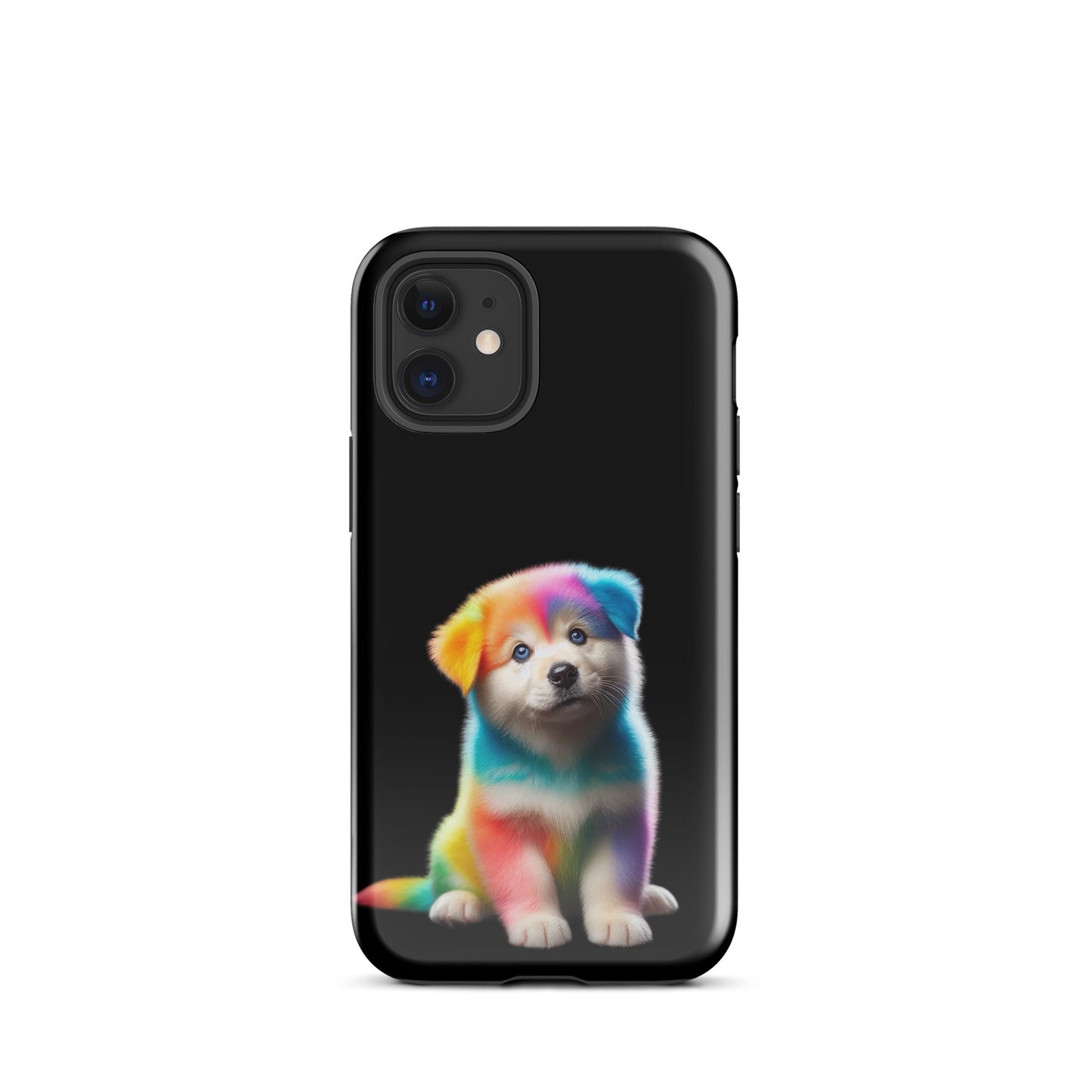 Phone Case with rainbow puppy design on dark background for iPhone, featuring vibrant colors and cosmic sparkle for device protection.