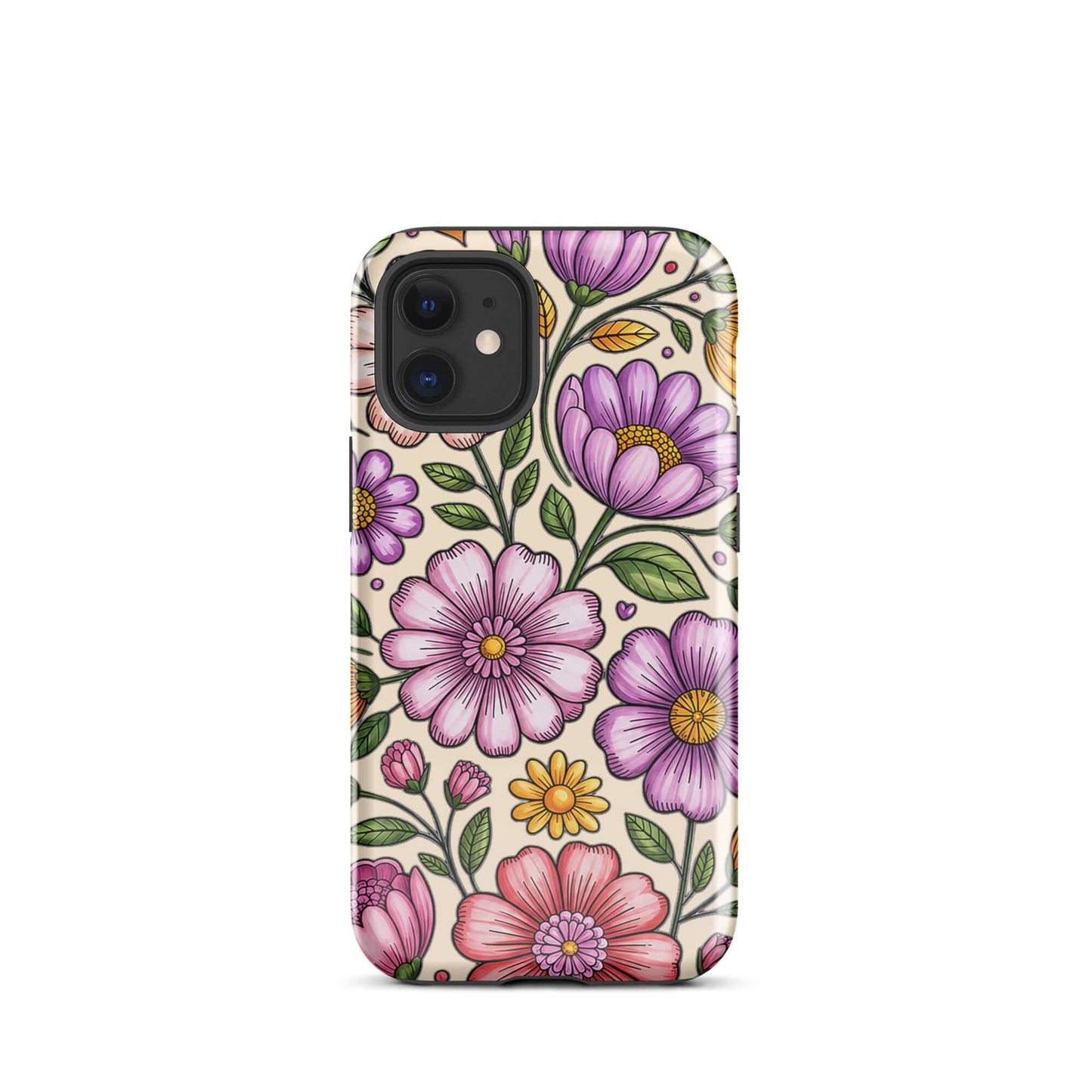 Phone Case for iPhone in pastel floral design featuring pink, purple, and yellow flowers on a sturdy polycarbonate shell.