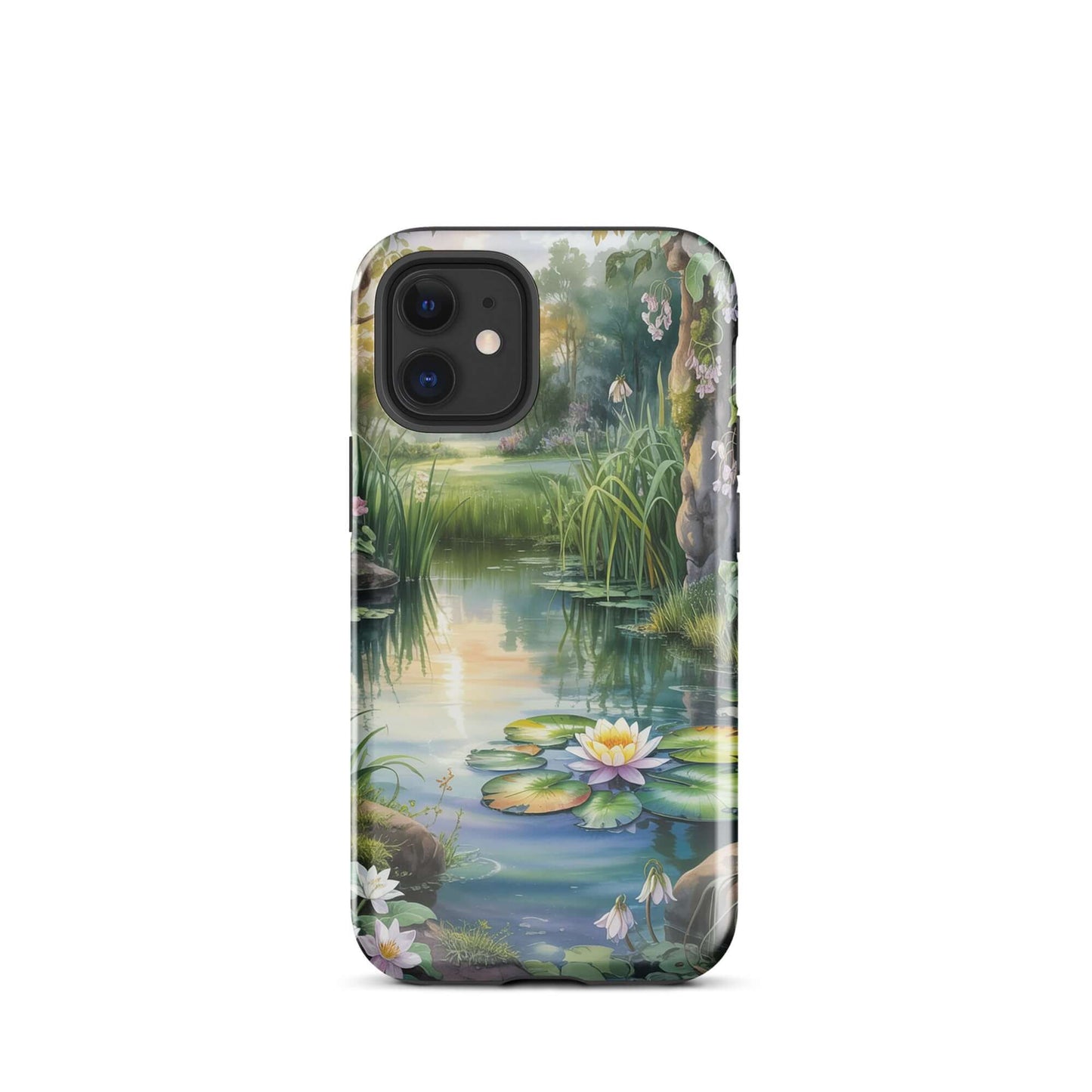 Phone Case for iPhone with an enchanted pond design, featuring water lilies and lush greenery in tranquil sunset light.