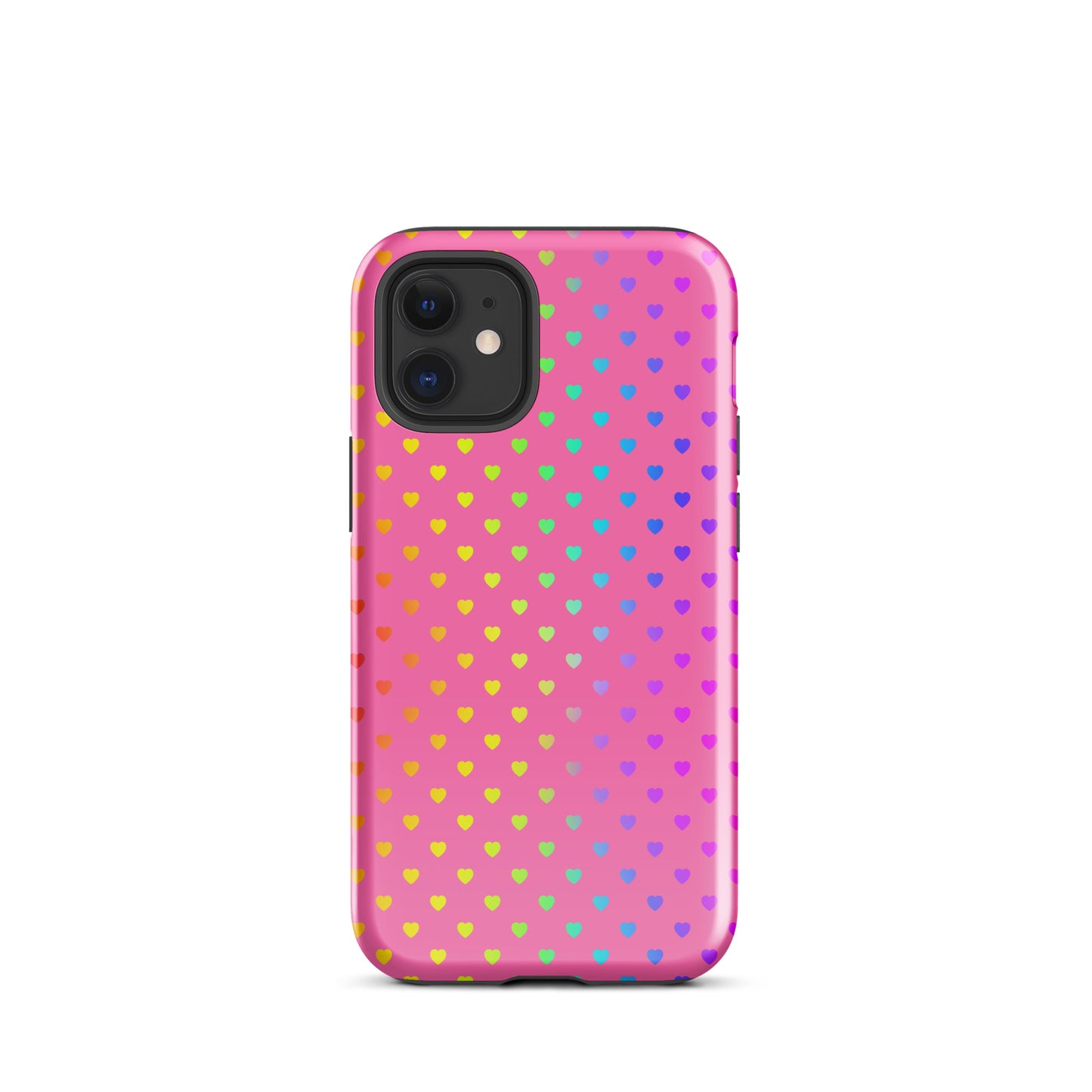Phone Case for iPhone with rainbow heart design on pink background, showcasing charming and playful aesthetics