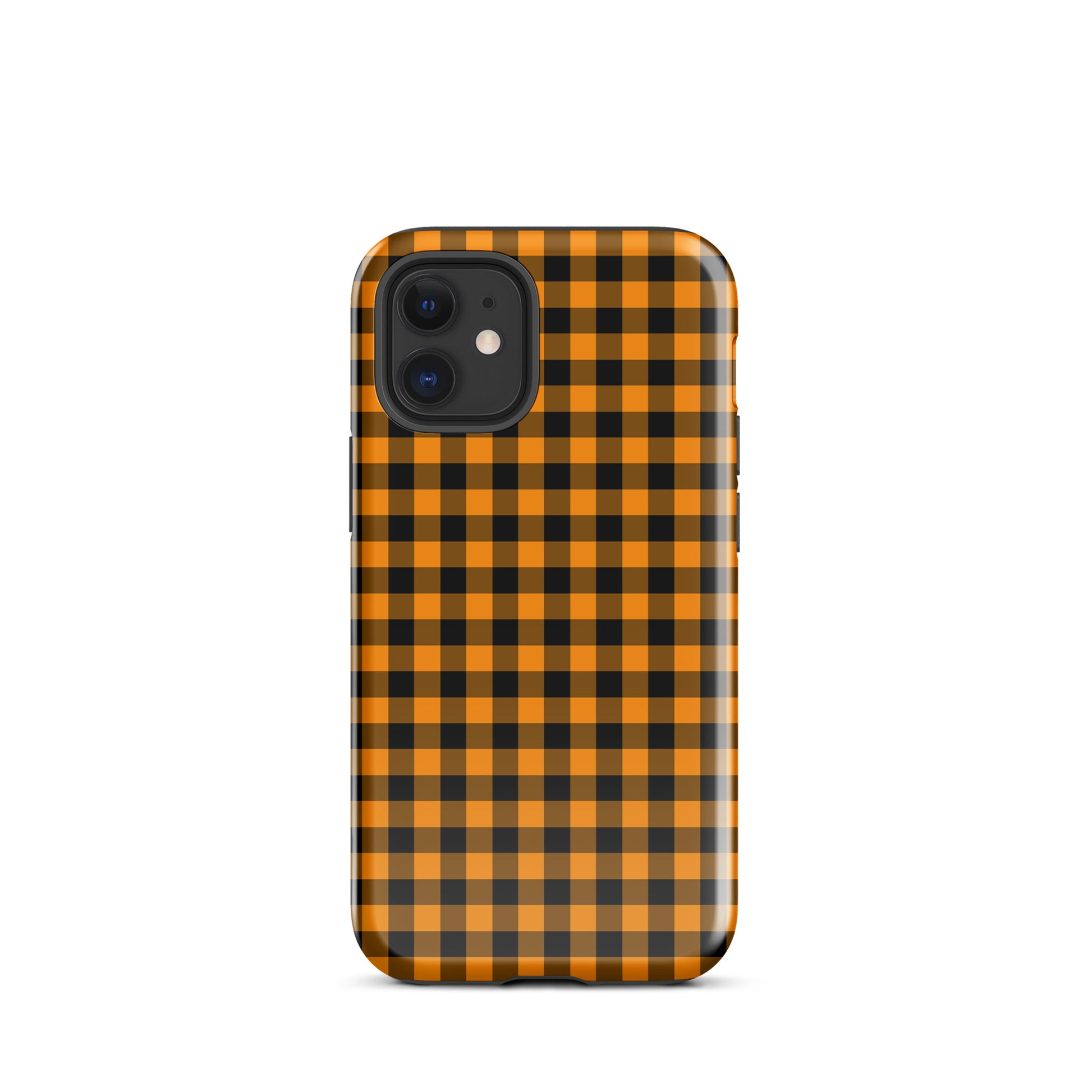 Black-and-orange gingham autum theme phone case designed for iPhone with stylish pattern and luxury craftsmanship, offering durability.