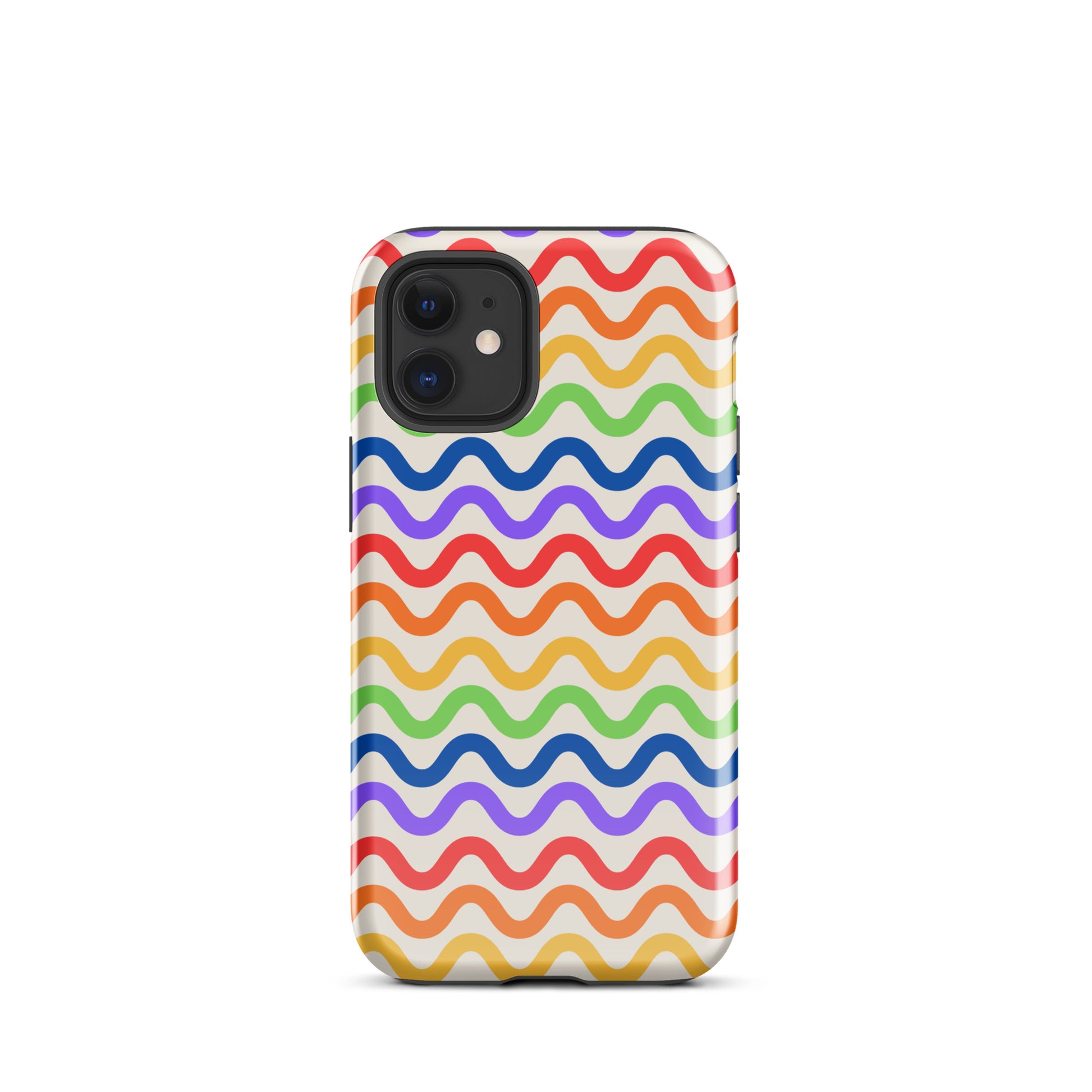 Phone Case with wavy rainbow pattern featuring vibrant colors on white background for iPhone - playful and tough.