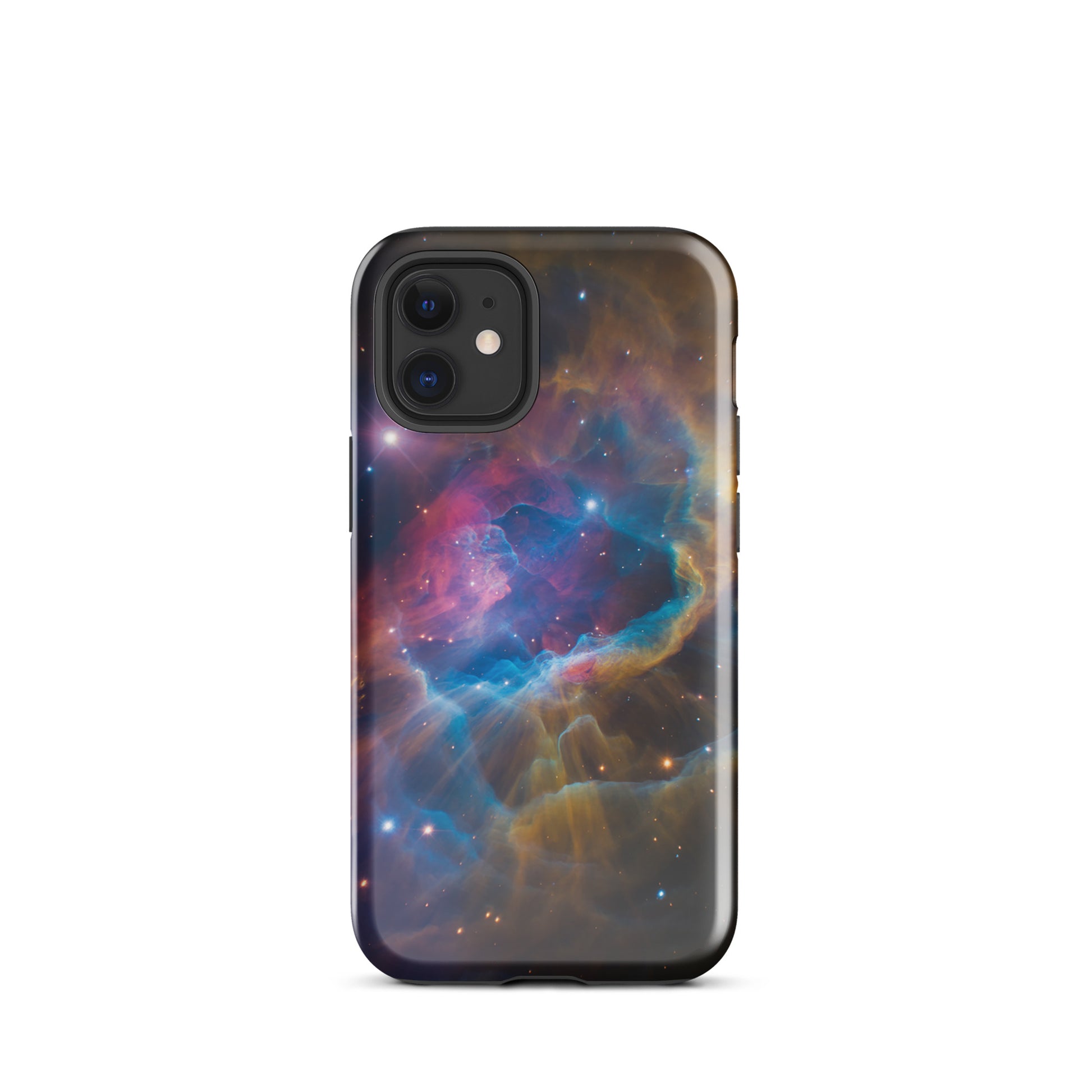 Phone Case for iPhone featuring a cosmic nebula design with electric blues, fiery oranges, and dreamy pinks.