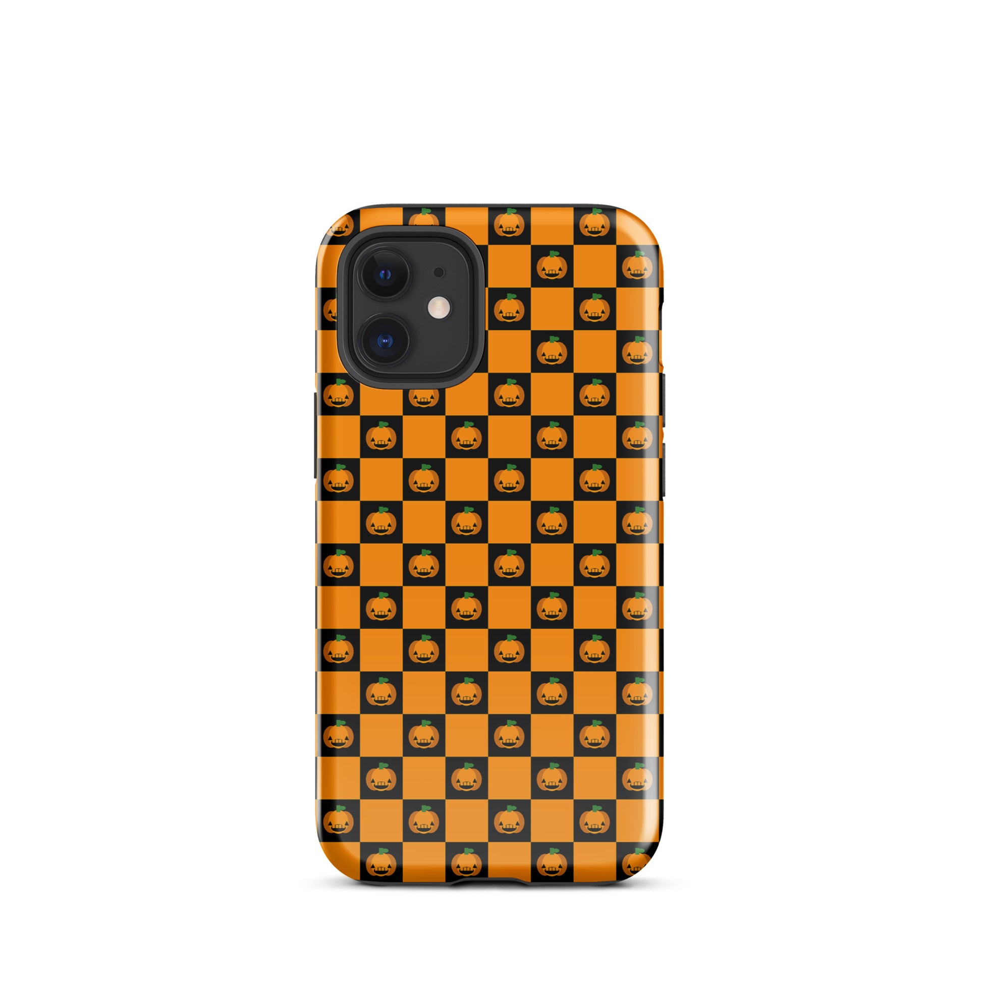 Phone Case for iPhone with playful pumpkin checkered Halloween design in orange and black.