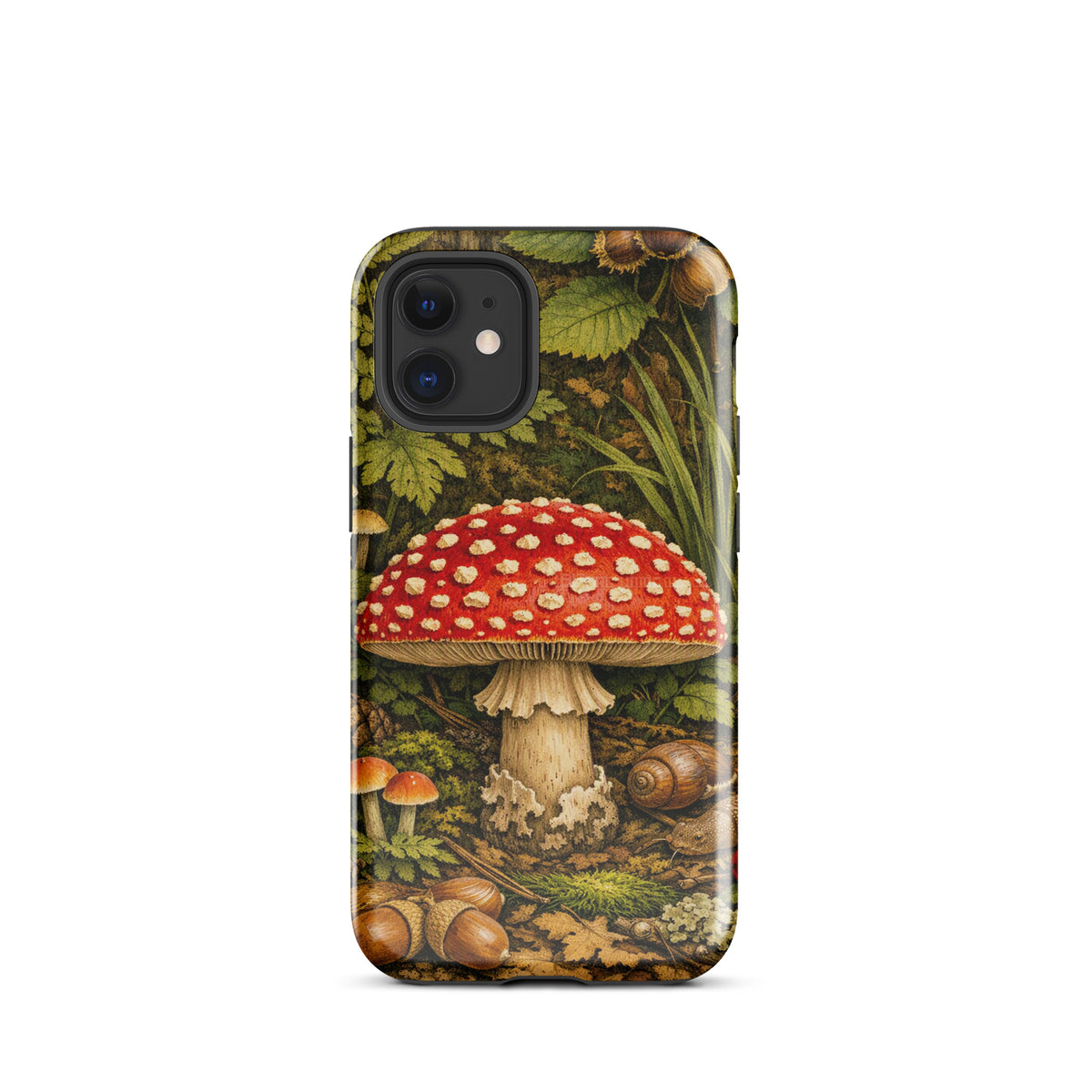 Phone Case for iPhone with Amanita Muscaria mushroom design in lush forest; vivid red and white illustration