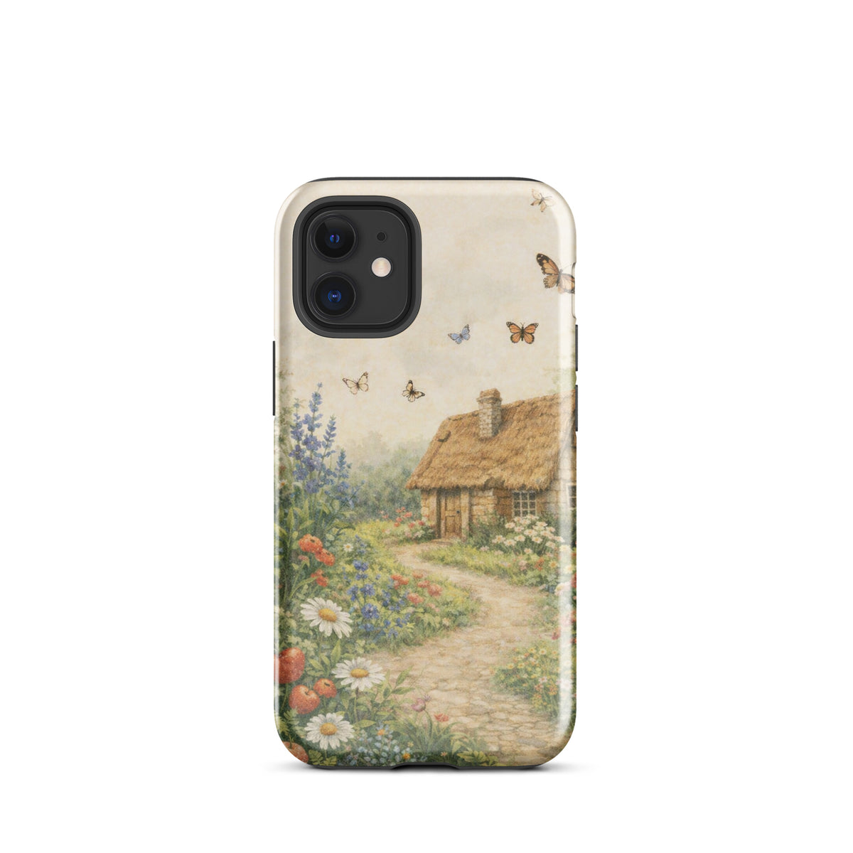 Phone Case for iPhone featuring cottage garden art with daisies, poppies, and lavender on a cream background.