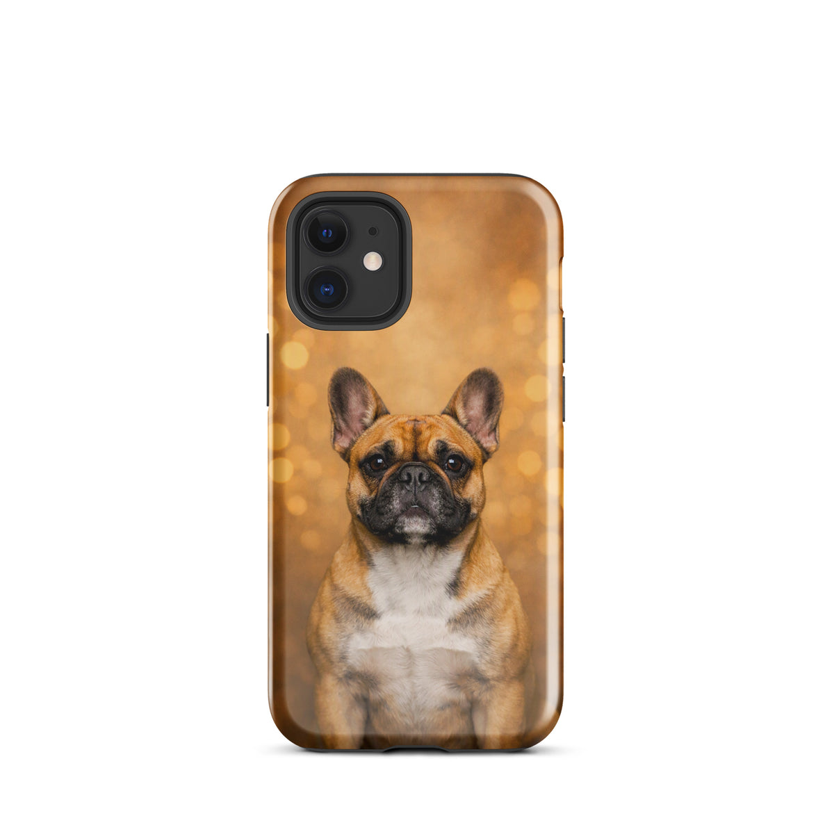 Phone Case for iPhone with French Bulldog portrait and golden bokeh background, Warm Glow Edition, showcasing charm and character.