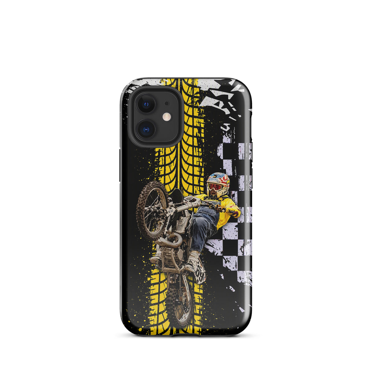 Phone Case with Ronnie Mac air-wheelie design, featuring black, white, yellow colors and checkerboard pattern.