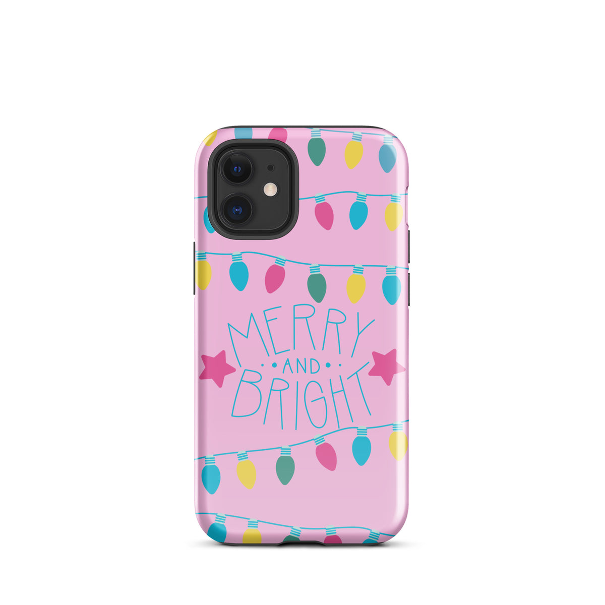 Phone Case with "Merry and Bright" design featuring colorful holiday lights and playful stars on a pink background for iPhone.