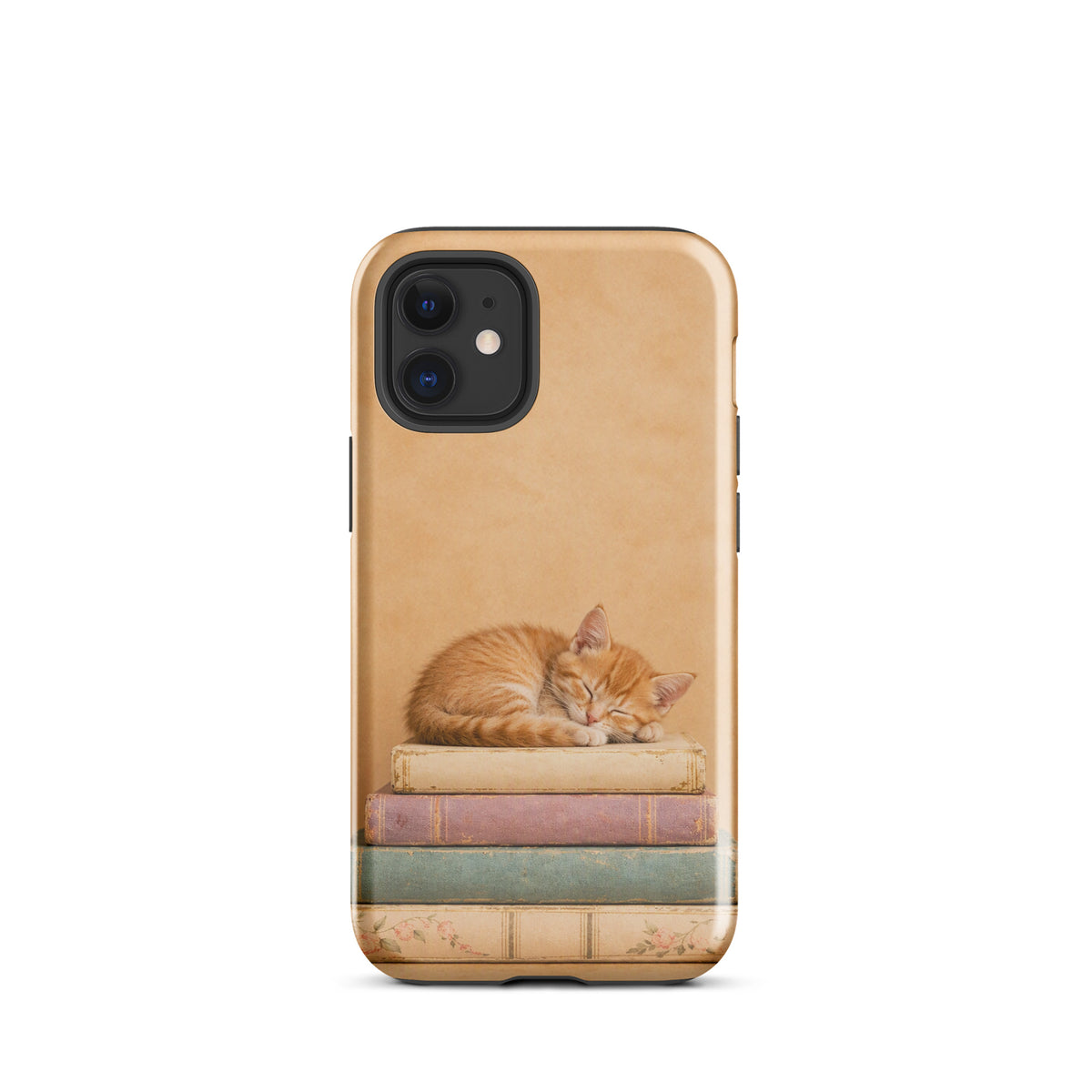 Phone Case featuring a sleeping kitten on vintage books with warm neutral colors, ideal for iPhone.
