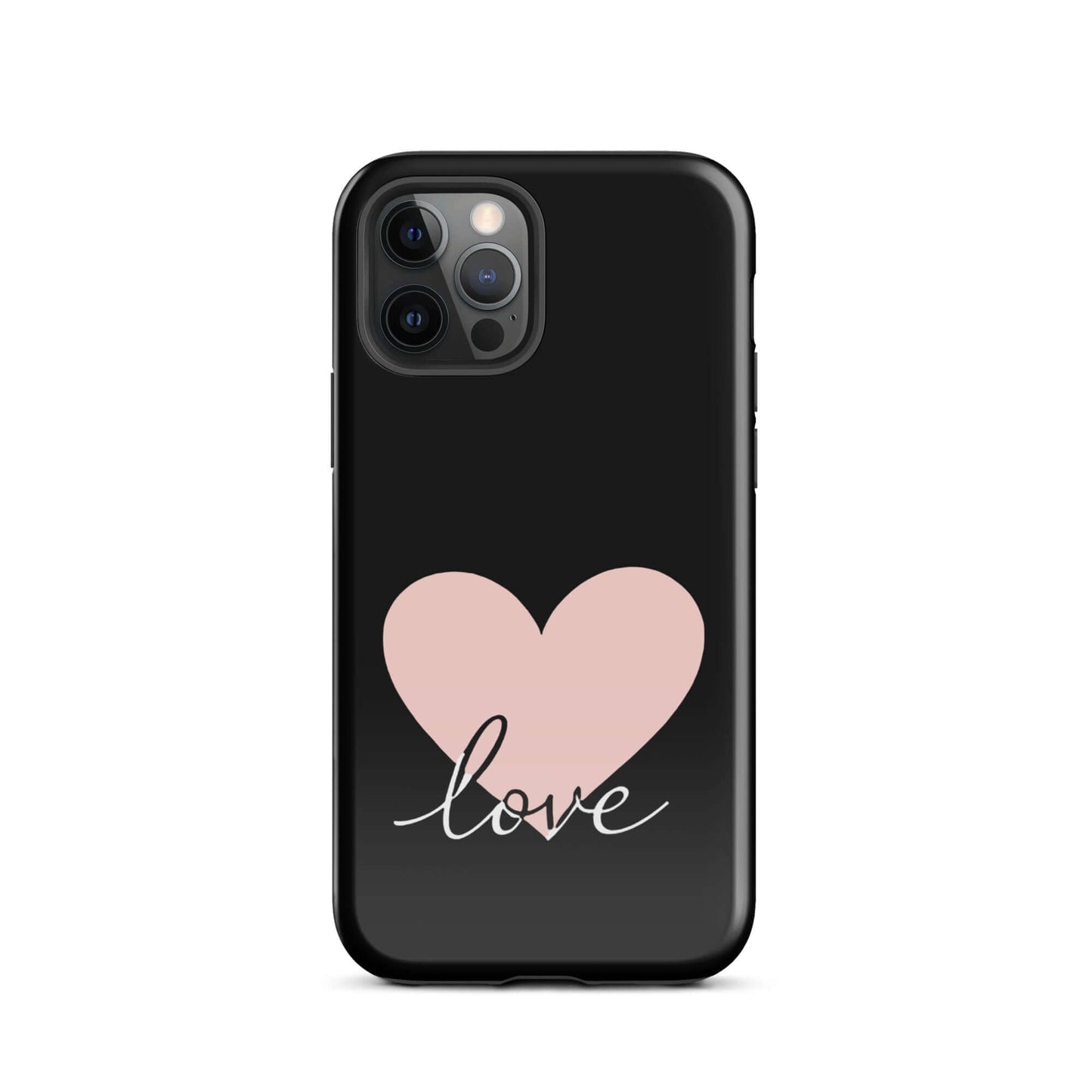 Phone Case for iPhone featuring pink heart and script 'love' design on a black background.