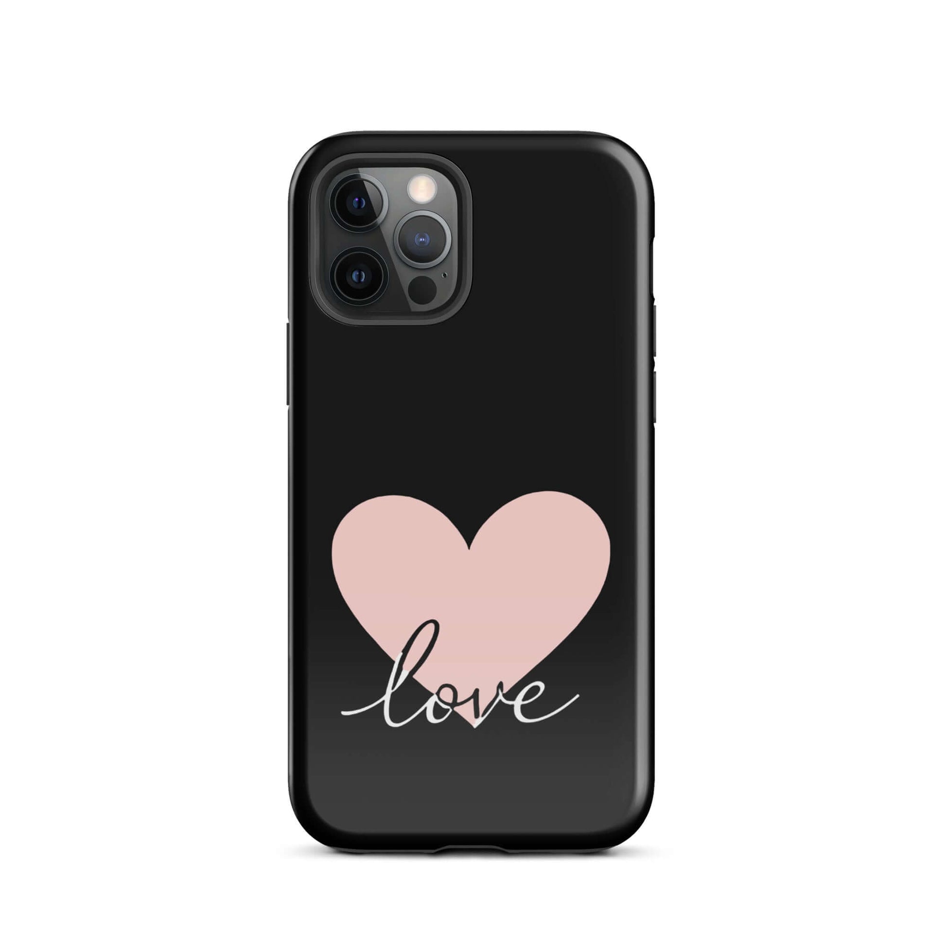 Phone Case for iPhone featuring pink heart and script 'love' design on a black background.