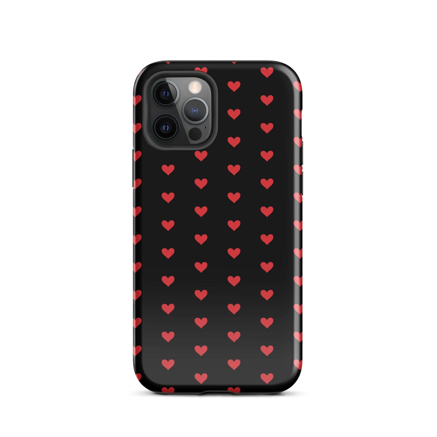 Phone Case for iPhone featuring fiery red hearts on a deep black background, combining style and durability.