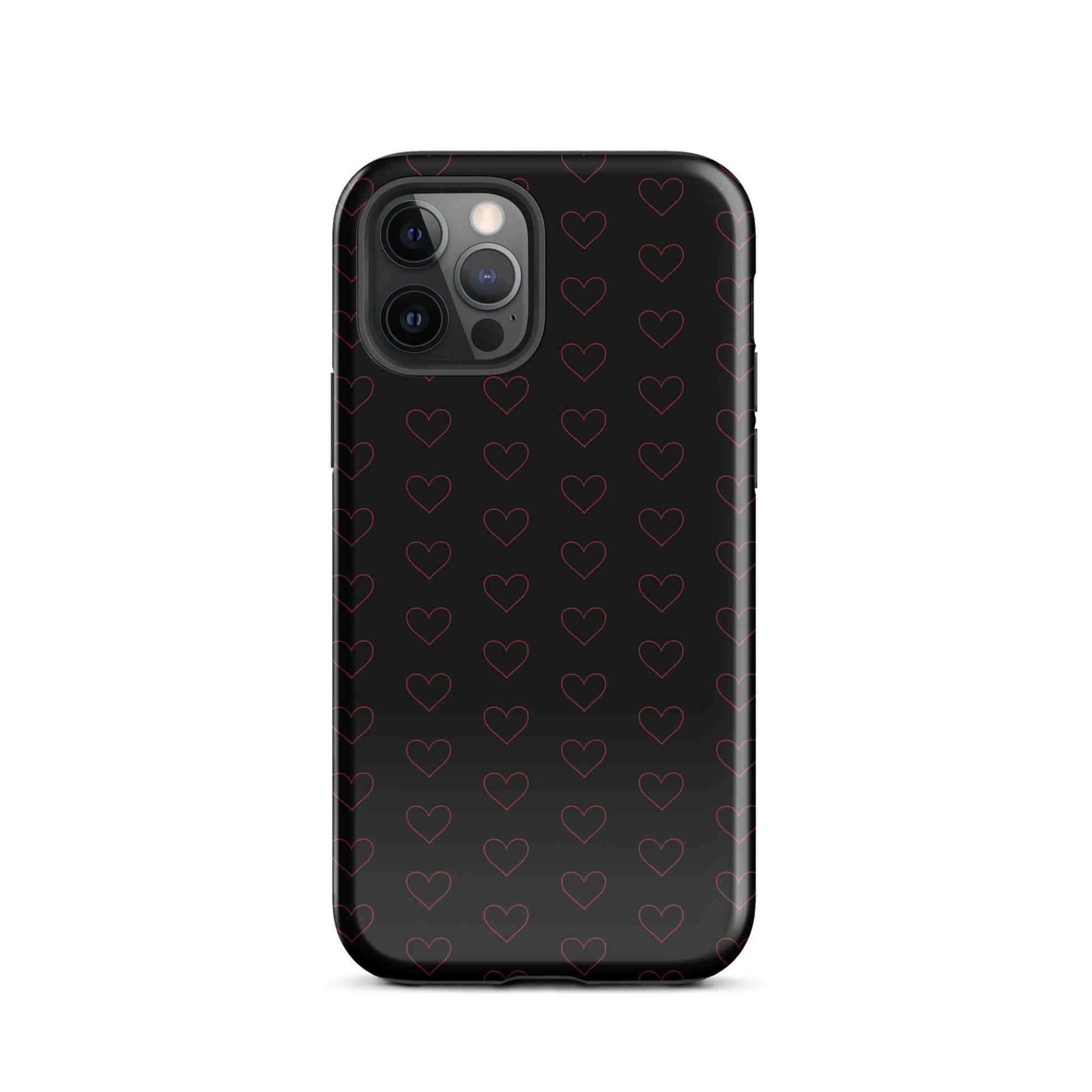 Phone Case for iPhone featuring a modern crimson heart pattern on a sleek black background.