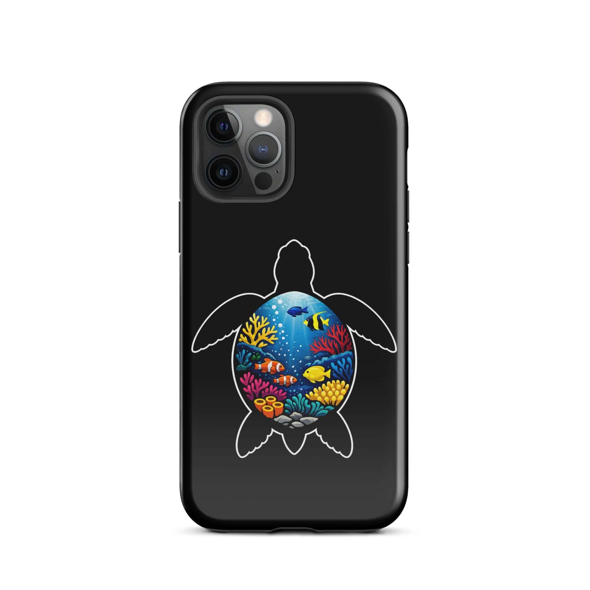Phone Case for iPhone featuring vibrant sea turtle reef design on a sleek black background.