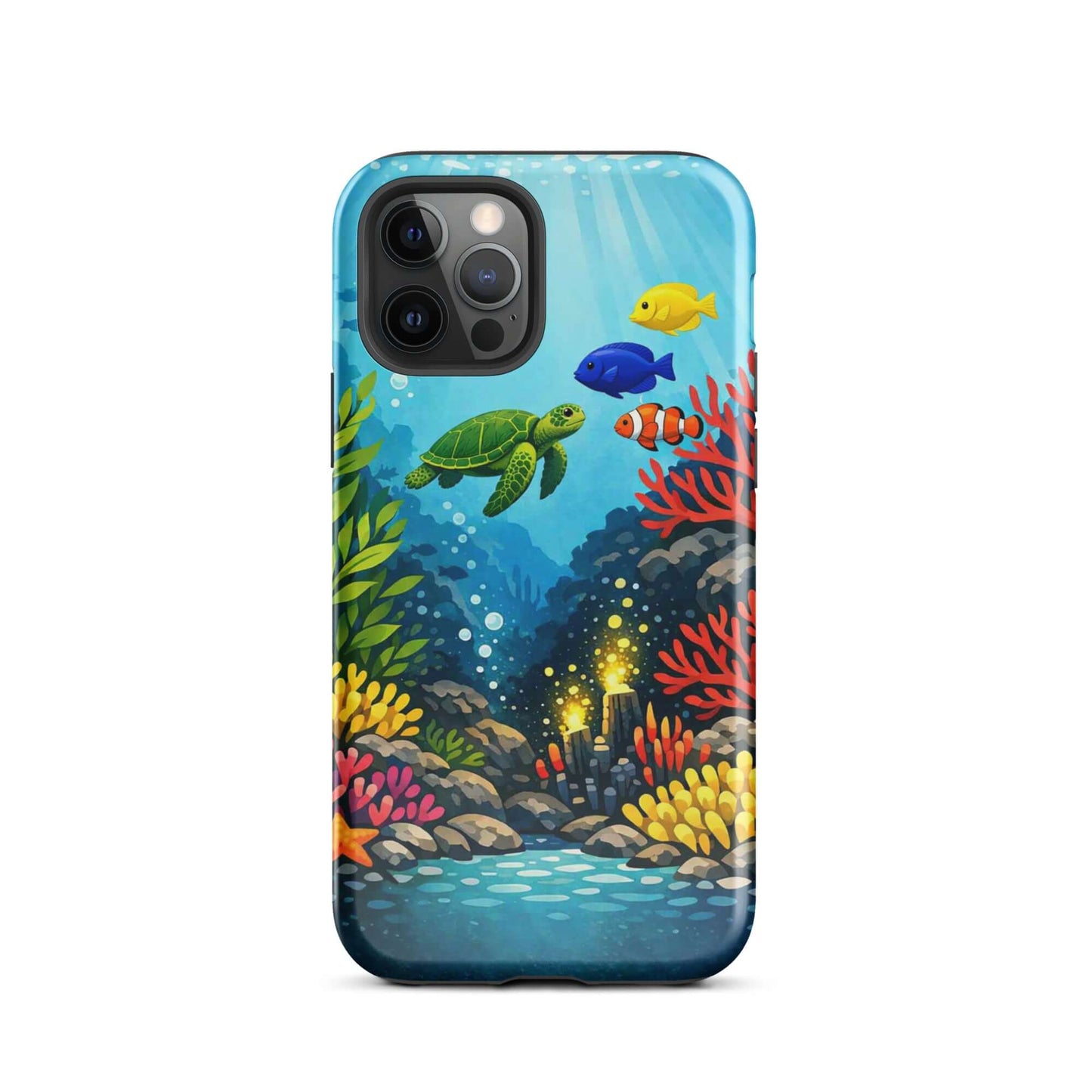 Phone case featuring vibrant sea turtle and coral reef design, perfect for marine life lovers.