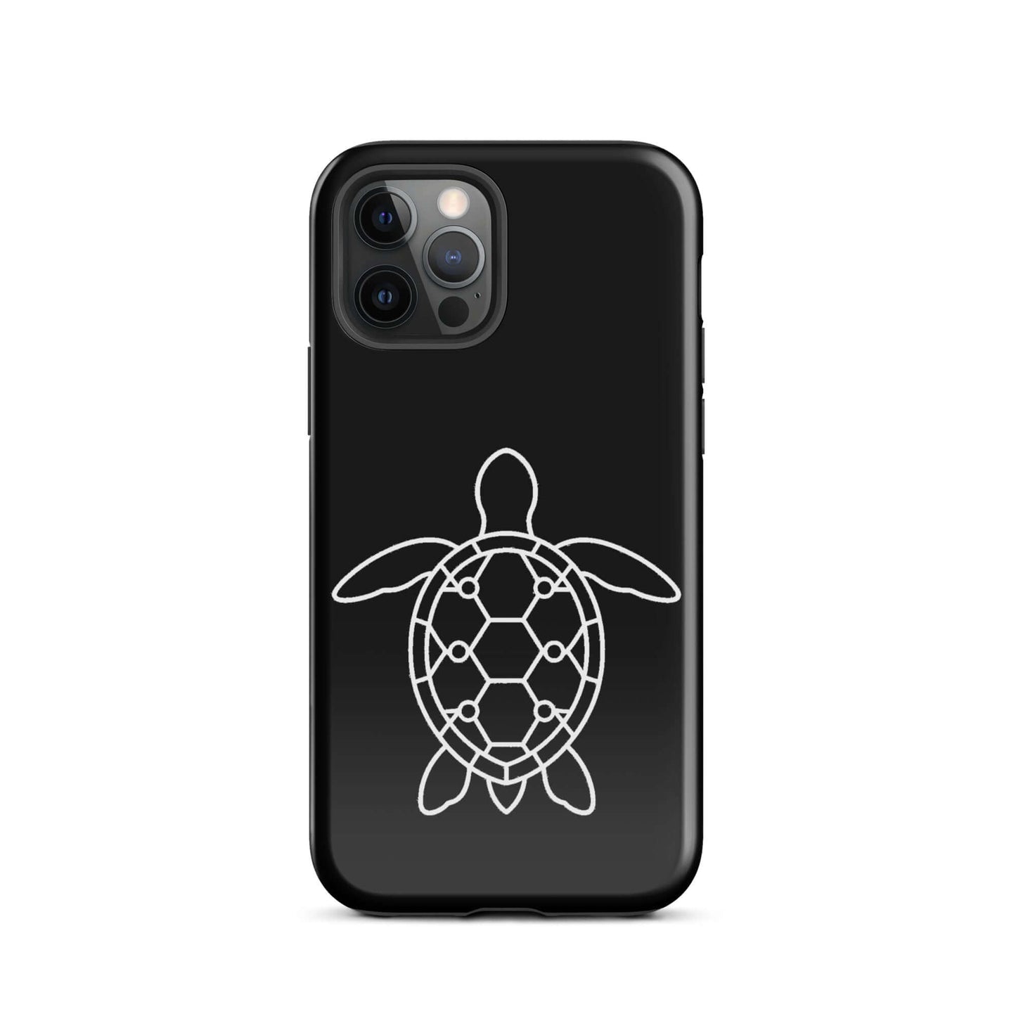 Phone case for iPhone featuring a minimalist sea turtle silhouette on a sleek black background.