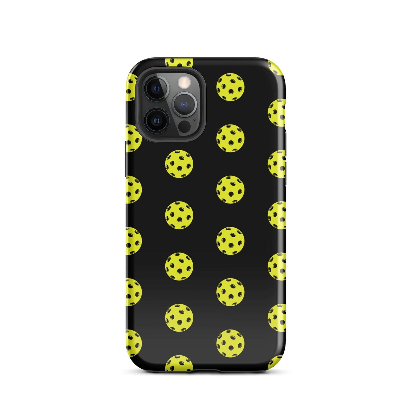 Phone Case featuring a pickleball pattern on a black background, perfect for sports enthusiasts.