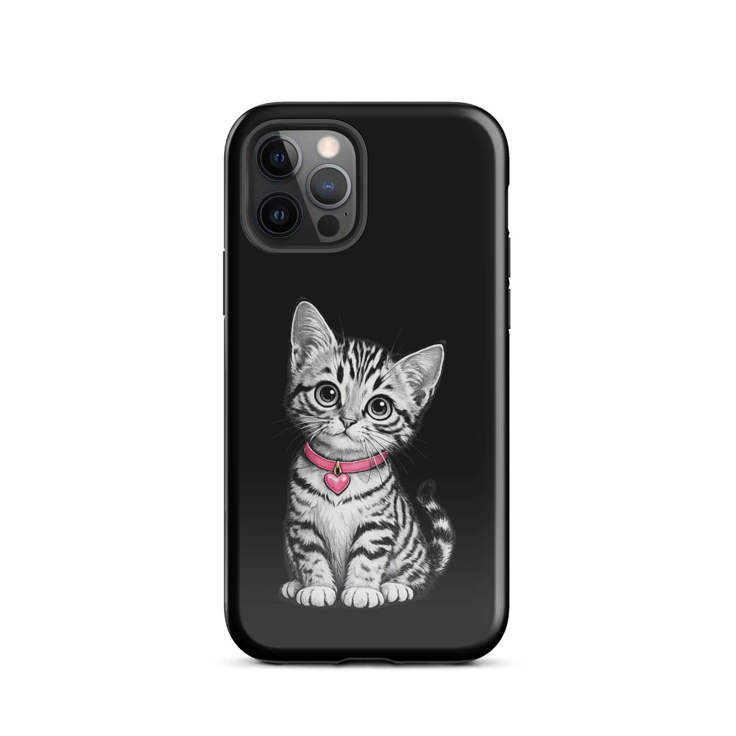 Phone Case for iPhone featuring pencil sketch kitten with pink heart charm, stylish black-and-white design for protection and personality.