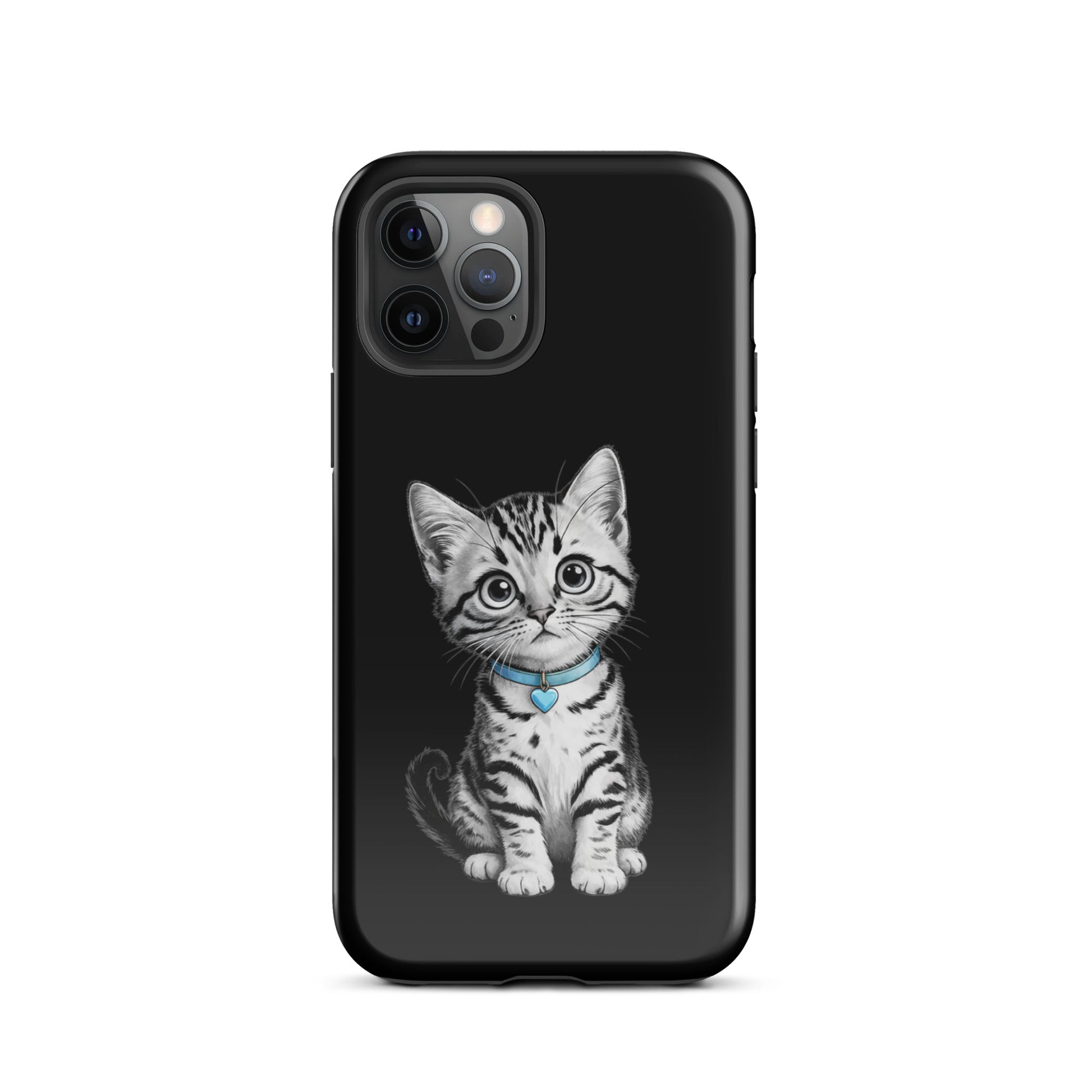 Phone Case with kitten sketch wearing blue heart charm for iPhone, artistic black-and-white design.