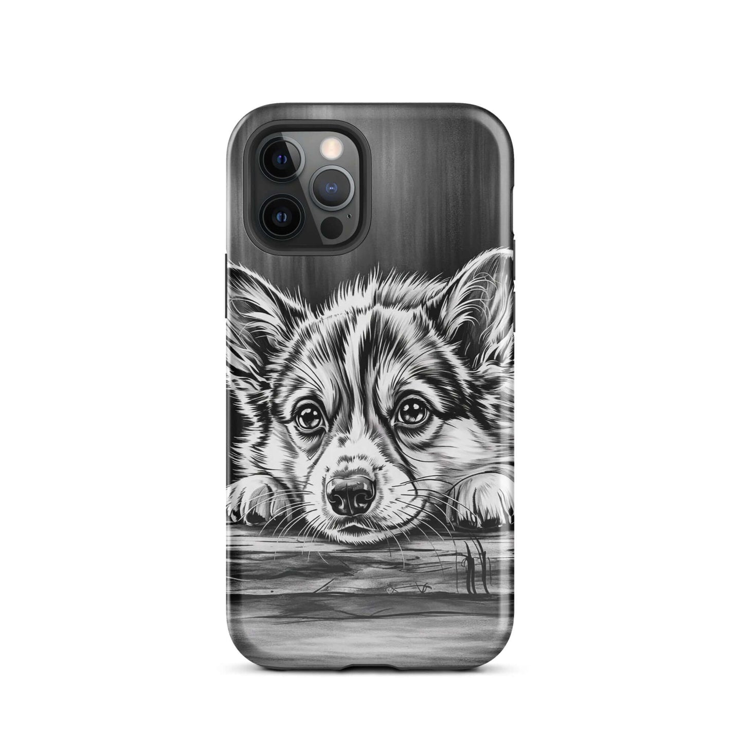 Phone Case for iPhone featuring a black-and-white puppy art with aged wood background, offering elegant design and premium protection.
