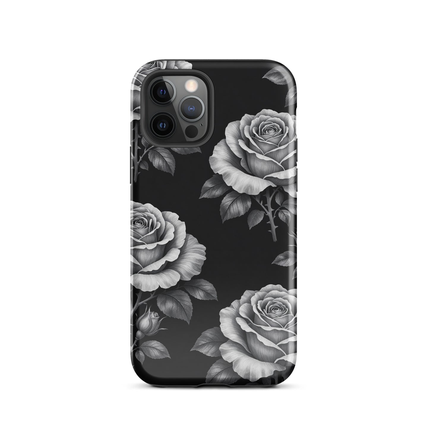 Phone Case for iPhone: Rose Garden Tough Case with pencil-stencil style floral design on black background.