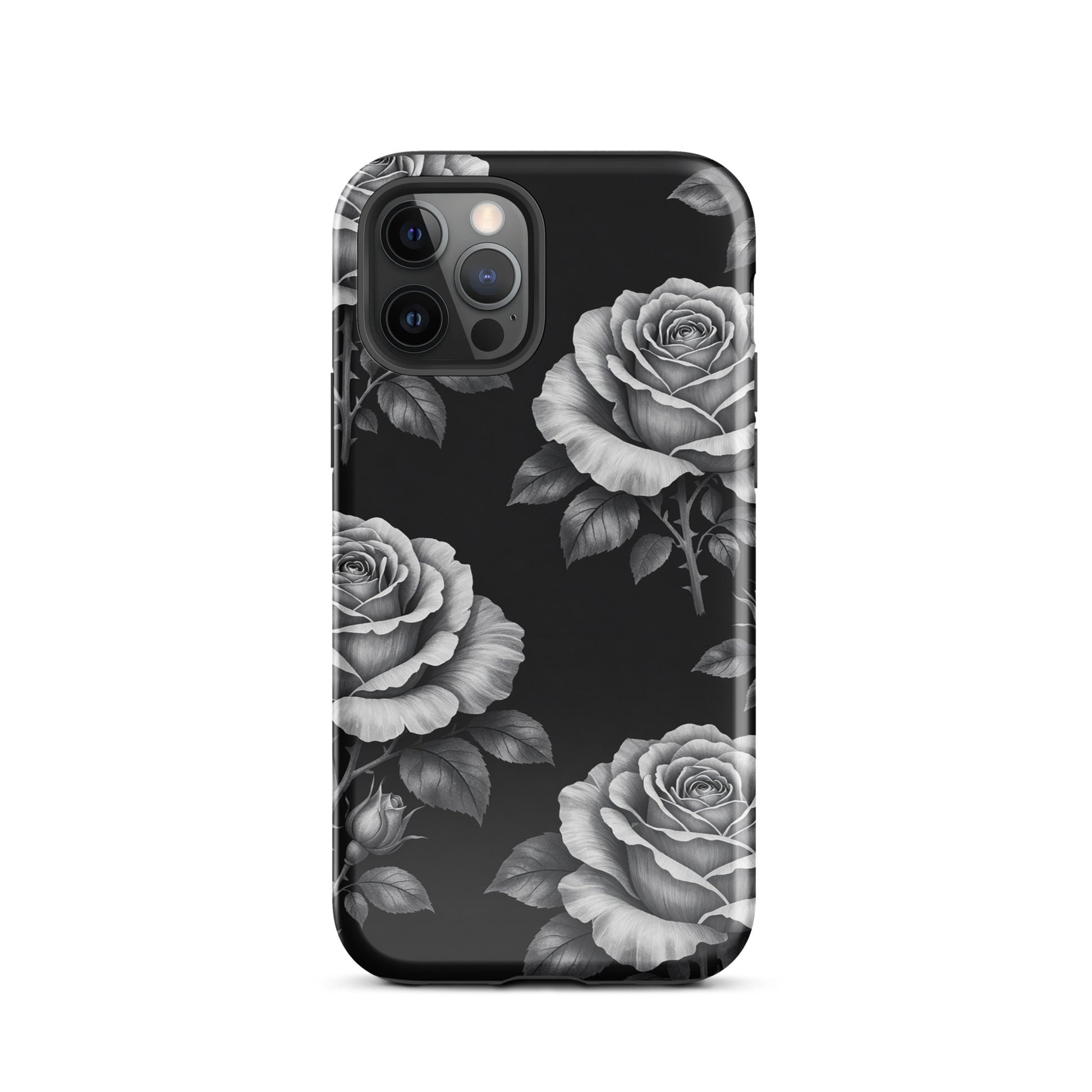 Phone Case for iPhone: Rose Garden Tough Case with pencil-stencil style floral design on black background.