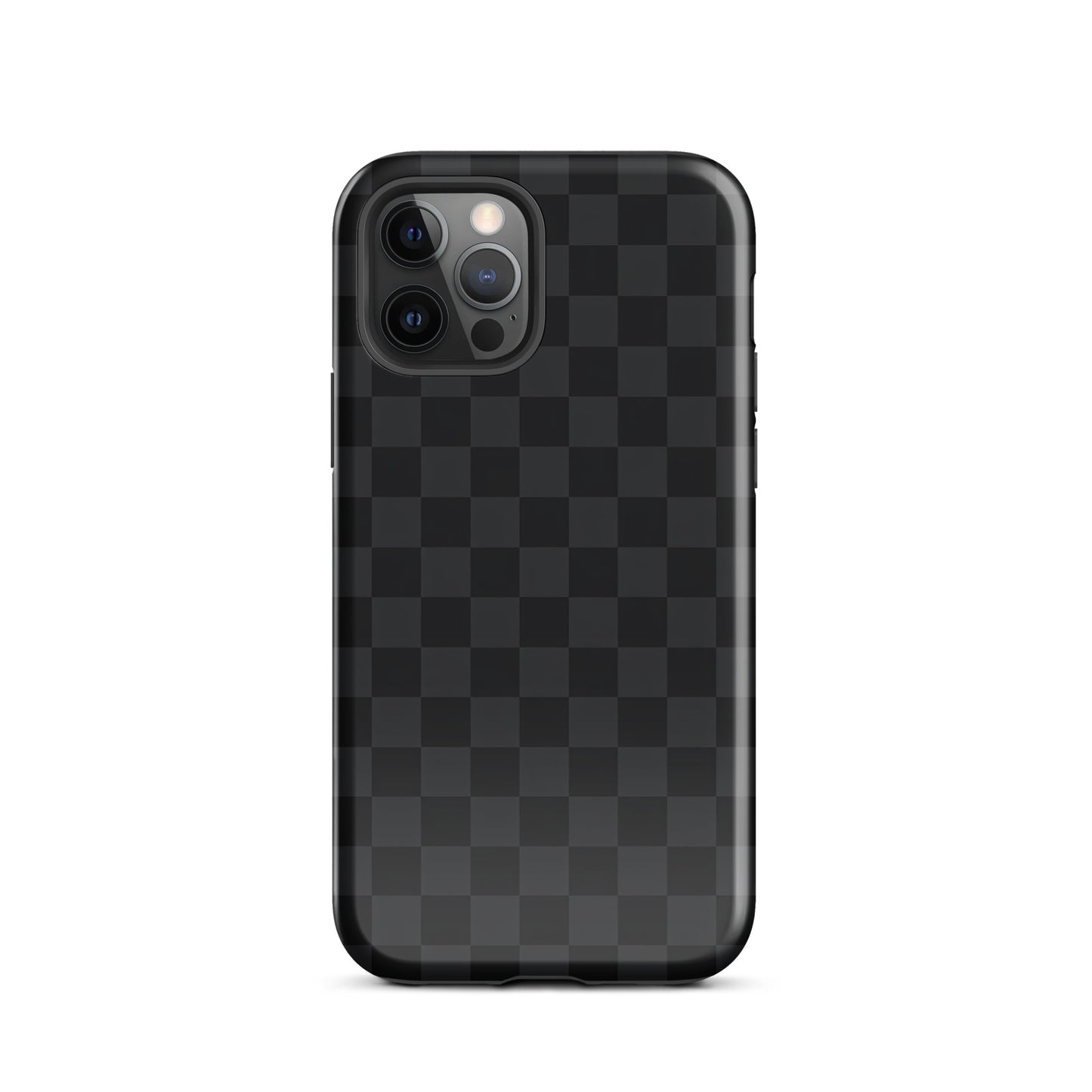 Phone Case for iPhone in black and charcoal checkered design, modern minimalist style for sophistication and protection.